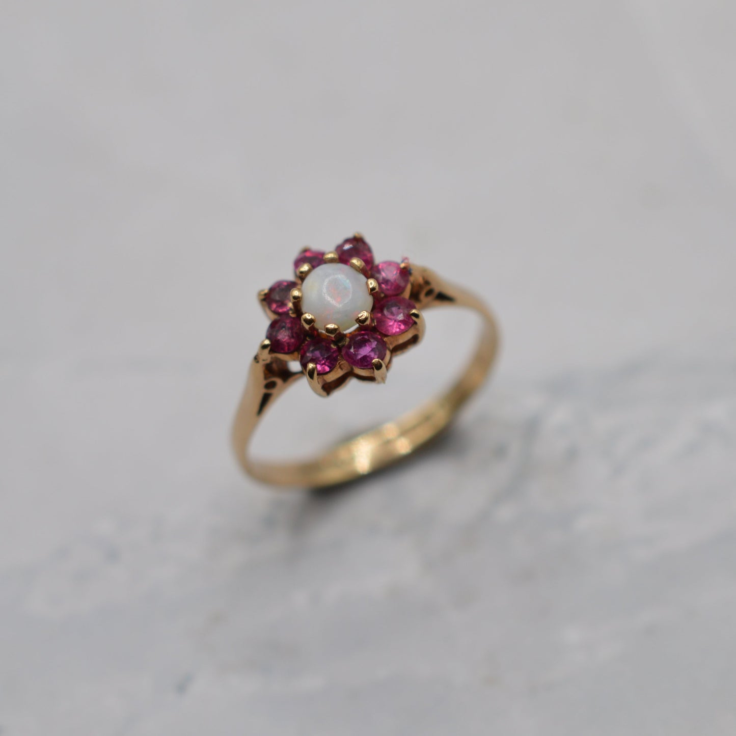1970s Vintage 9ct Gold Opal & Ruby Floral Cluster Ring