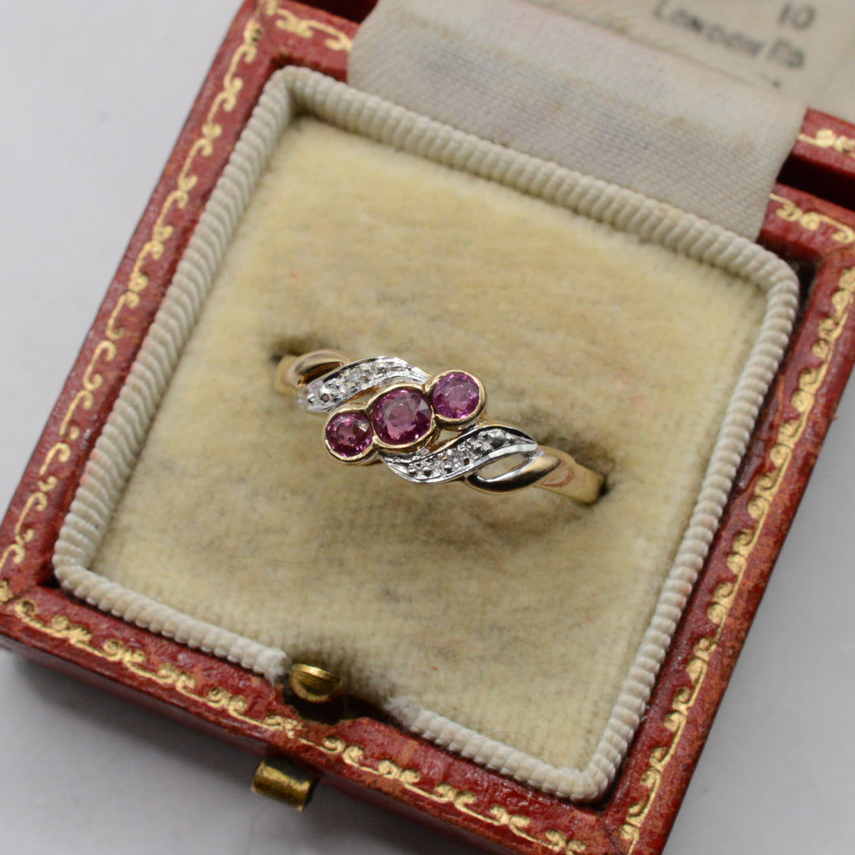 1990s 9ct Gold Ruby & Diamond Twist Ring