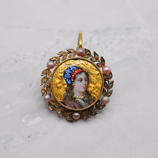 Antique 19th Century Enamel Portait & Pearl Pendant