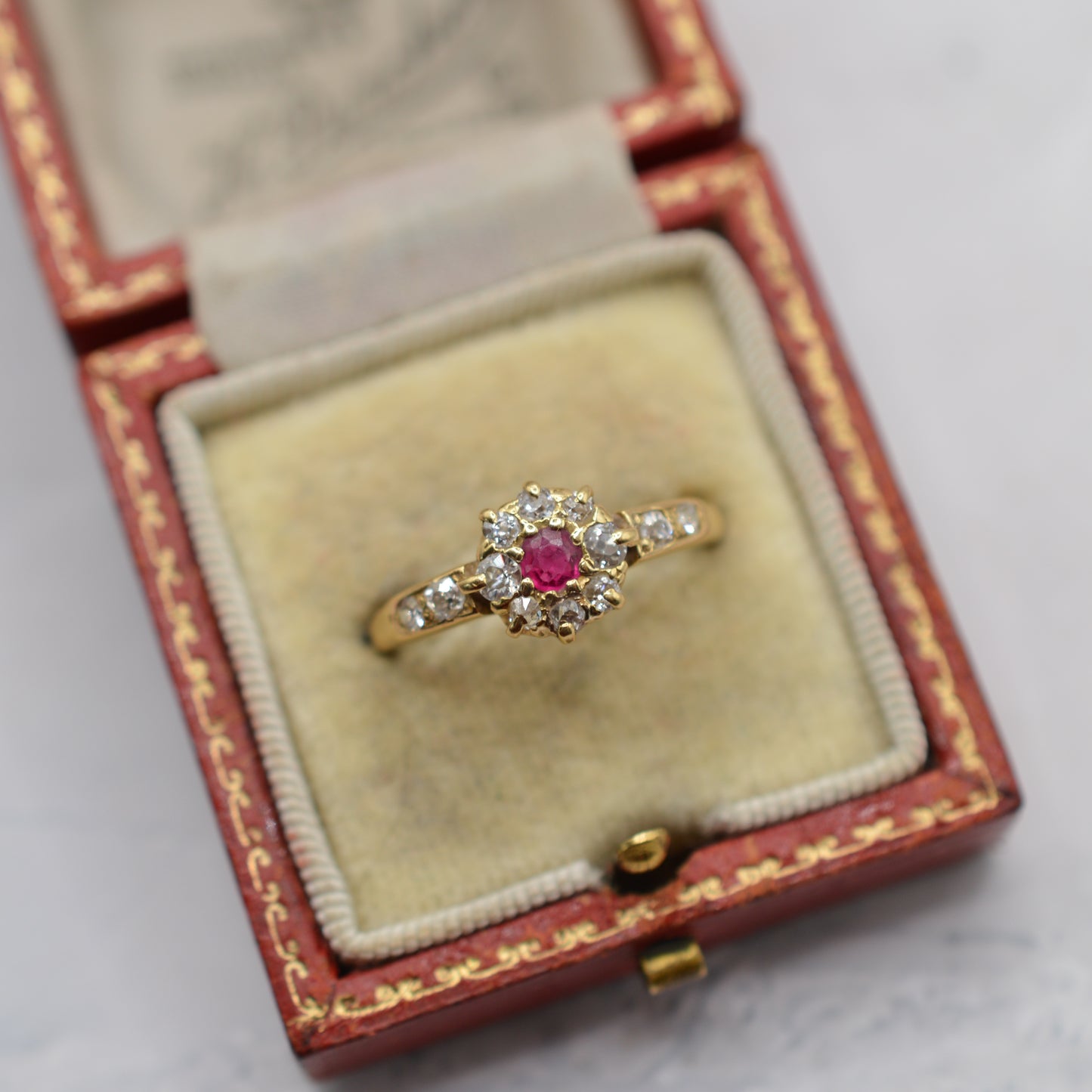 Antique 1912 18ct Gold Ruby & Diamond Cluster Ring