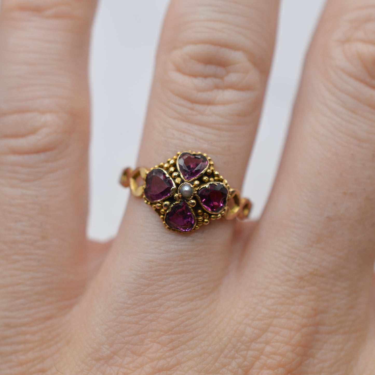1864 Victorian Antique 12ct Gold Garnet & Pearl Ring