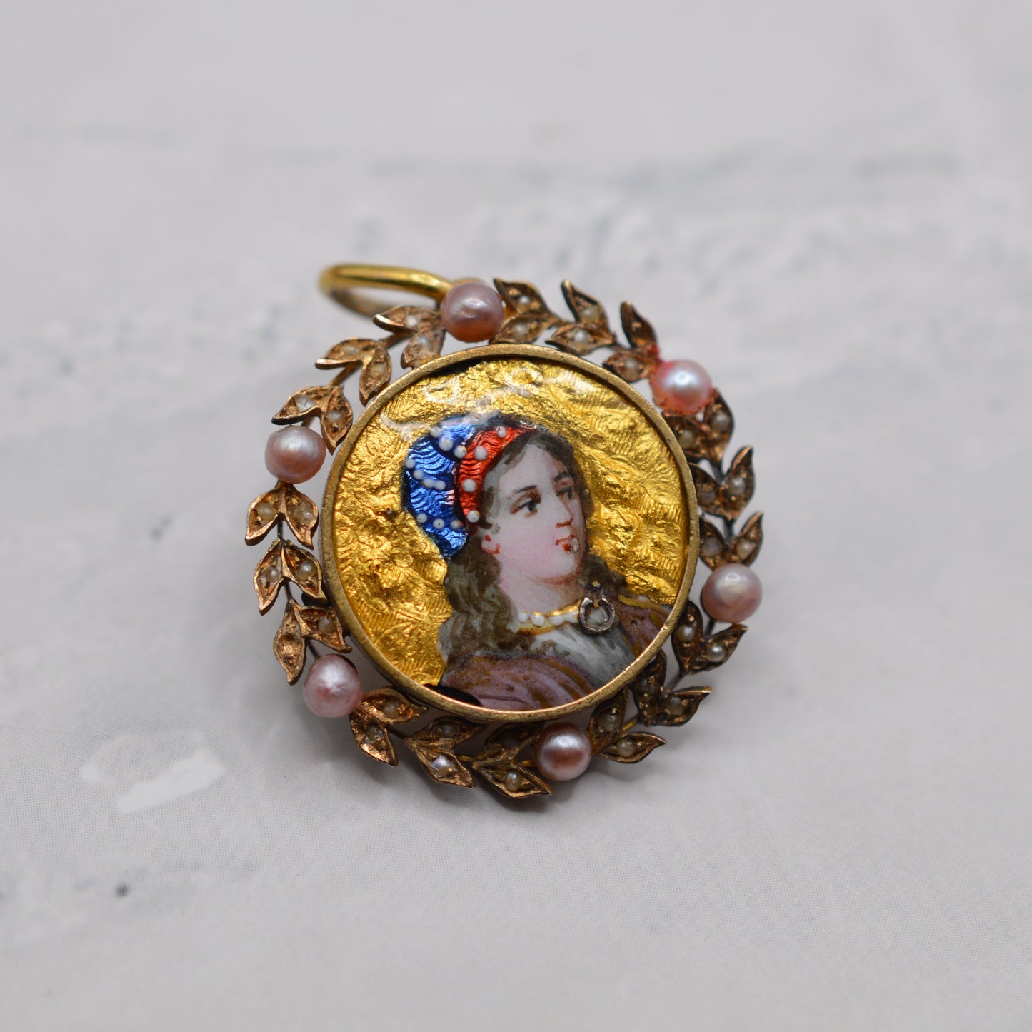 Antique 19th Century Enamel Portait & Pearl Pendant