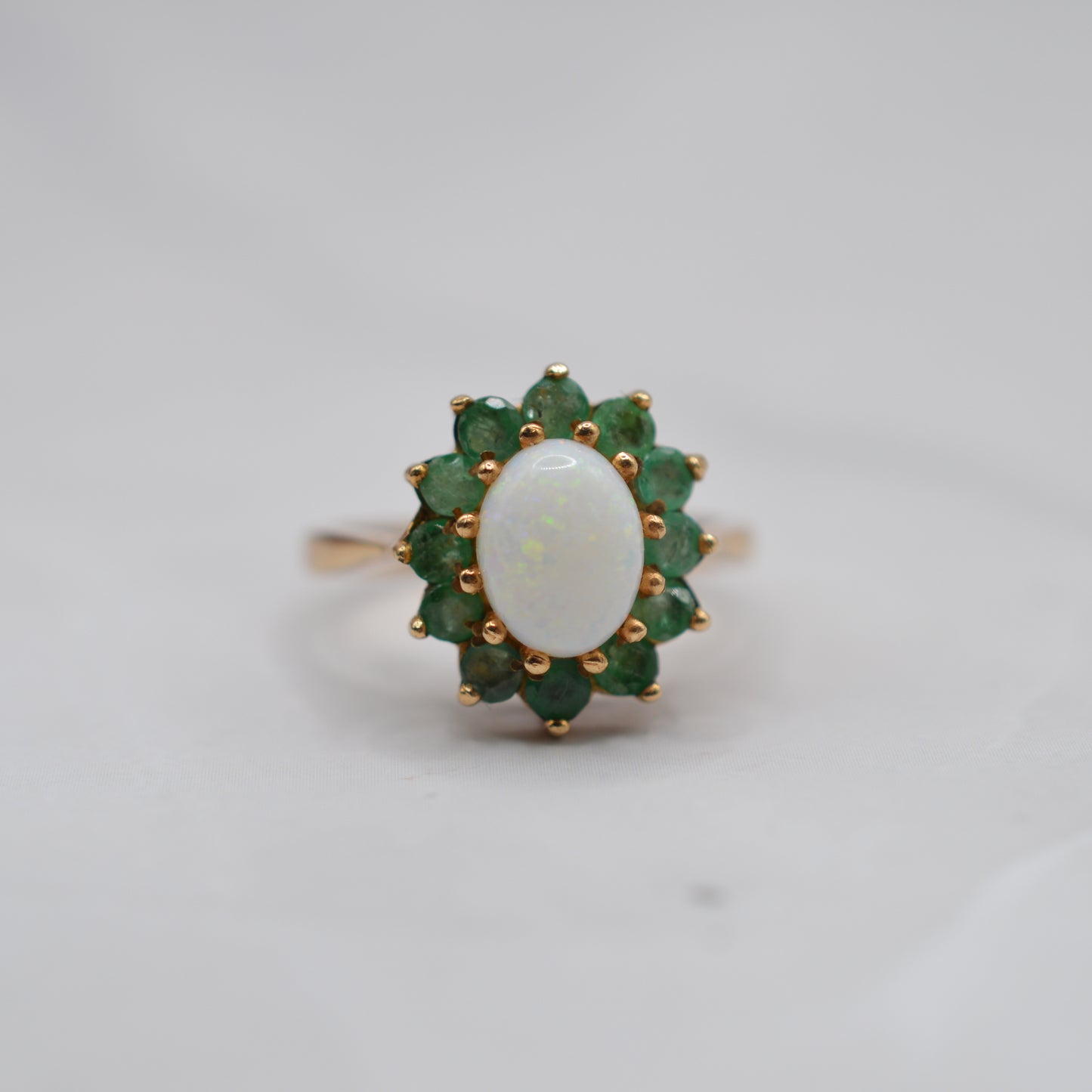 Chunky 1970s Vintage 9ct Gold Opal & Emerald Cluster Ring