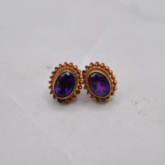 9ct Gold Amethyst Stud Earrings with Rope-Twist Border