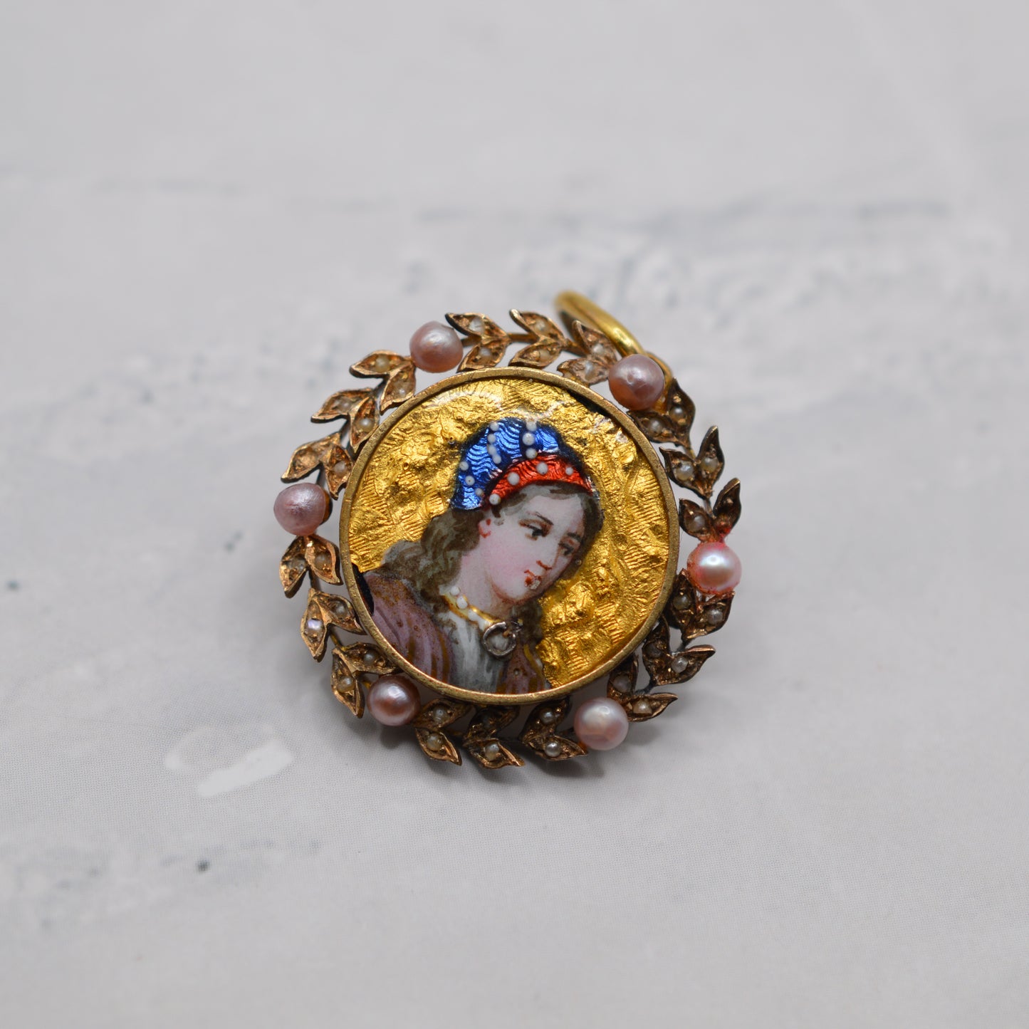 Antique 19th Century Enamel Portait & Pearl Pendant