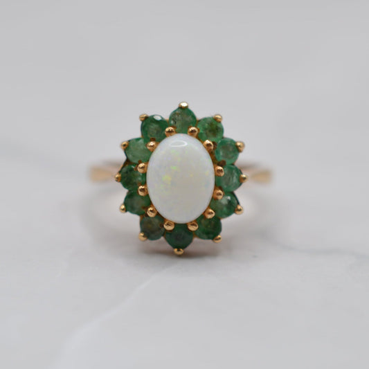 Chunky 1970s Vintage 9ct Gold Opal & Emerald Cluster Ring