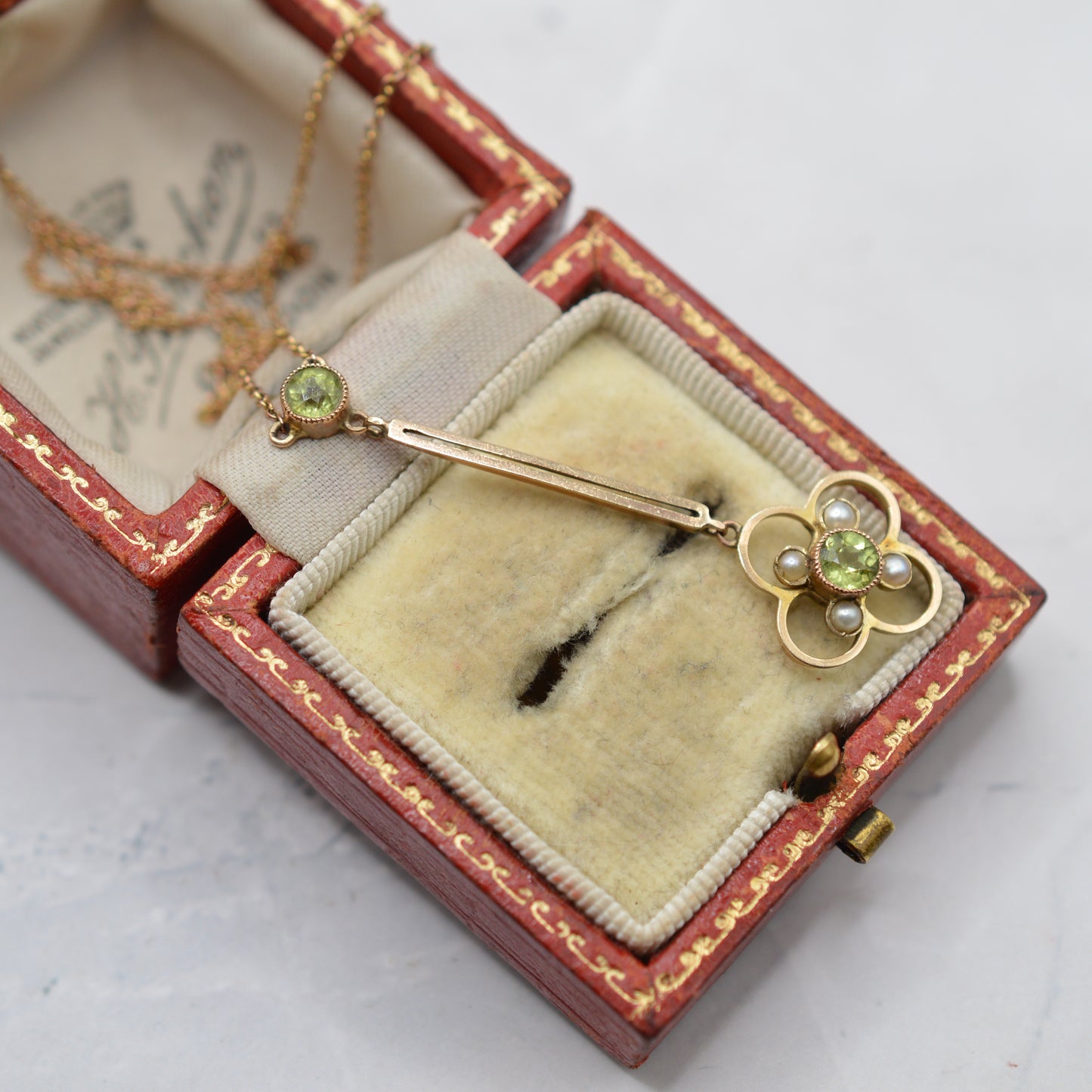 Antique Art Nouveau 9ct Gold Peridot & Pearl Drop Necklace (18”)