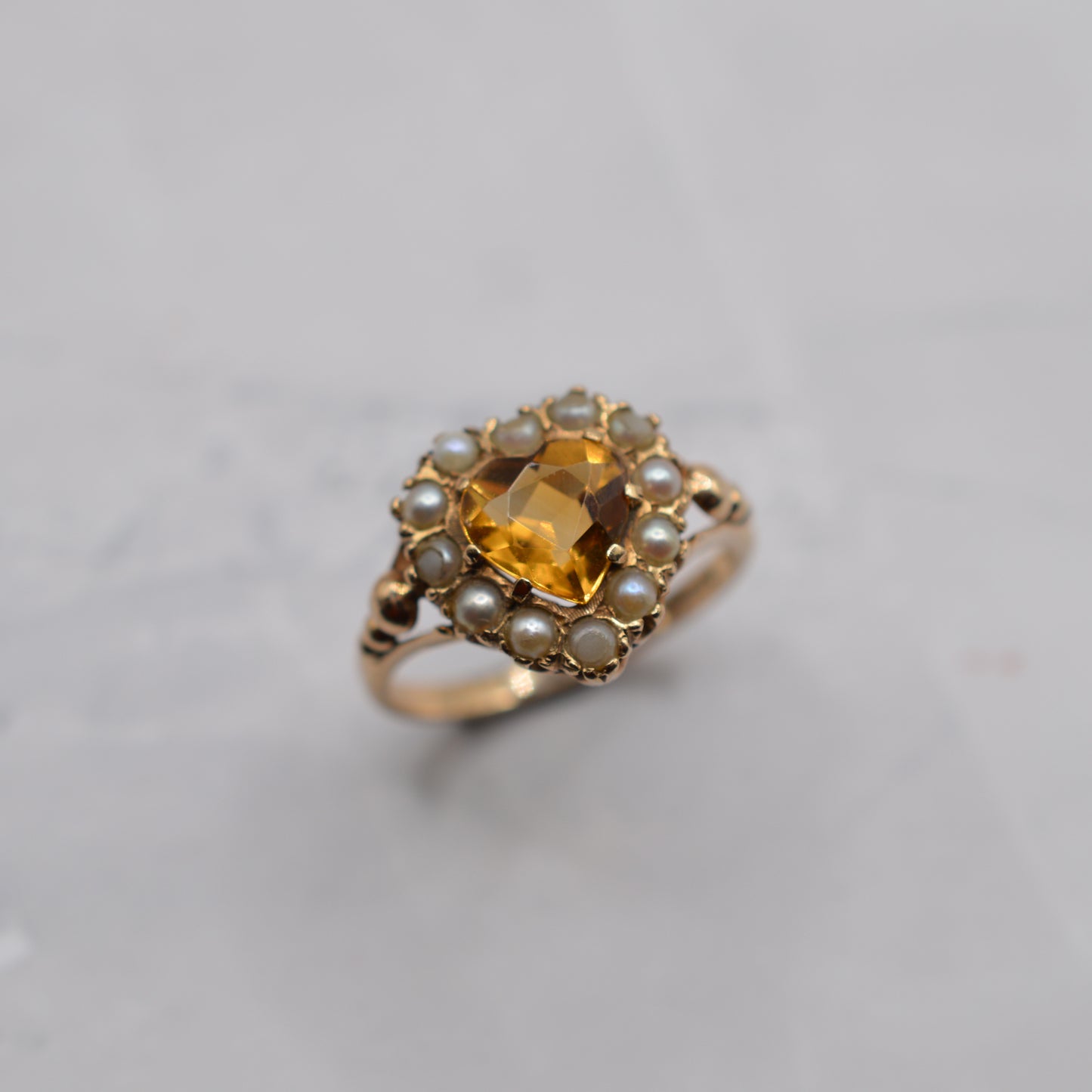 Chunky 1961 Vintage 9ct Gold Citrine & Pearl Heart Cluster Ring