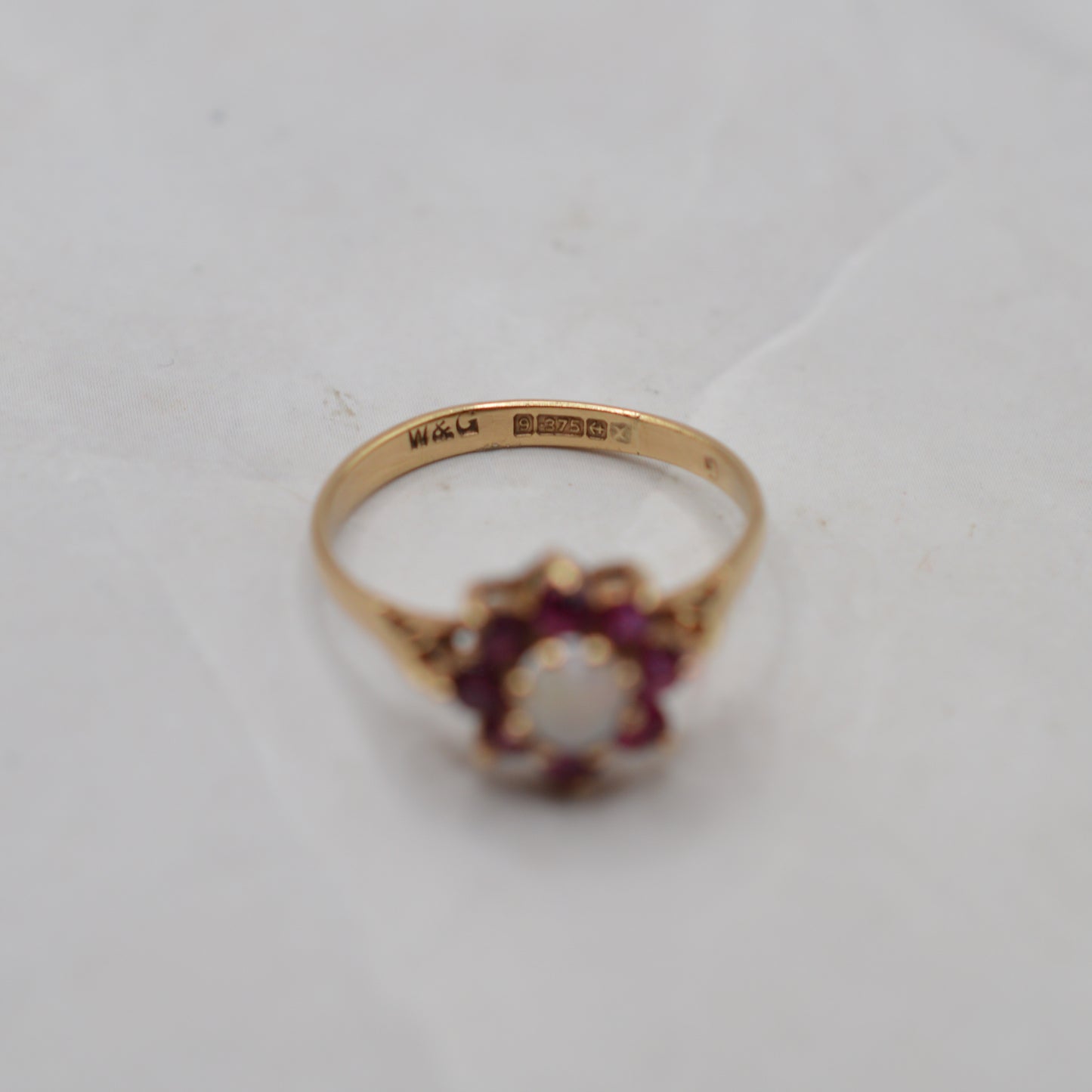 1970s Vintage 9ct Gold Opal & Ruby Floral Cluster Ring