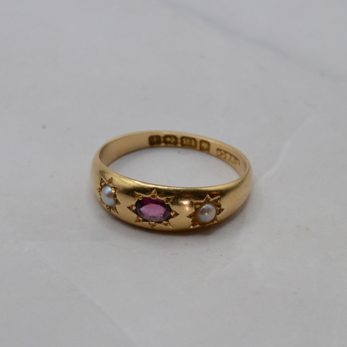 Edwardian Antique 18ct Gold Garnet & Pearl Starburst Gypsy Ring