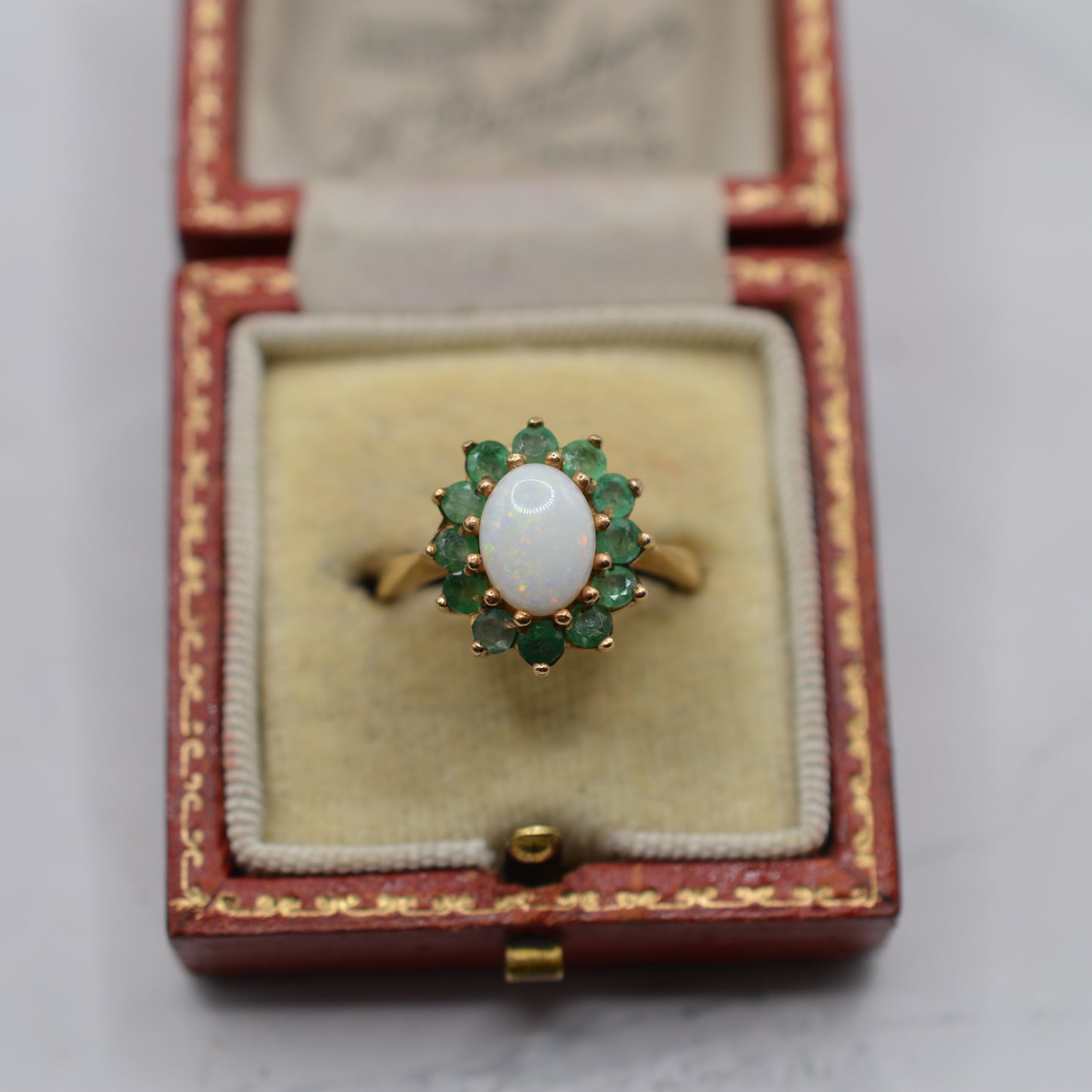 Chunky 1970s Vintage 9ct Gold Opal & Emerald Cluster Ring