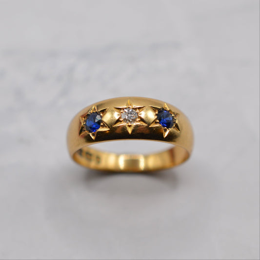 1898 Victorian 18ct Gold Sapphire & Diamond Gypsy Trilogy Ring