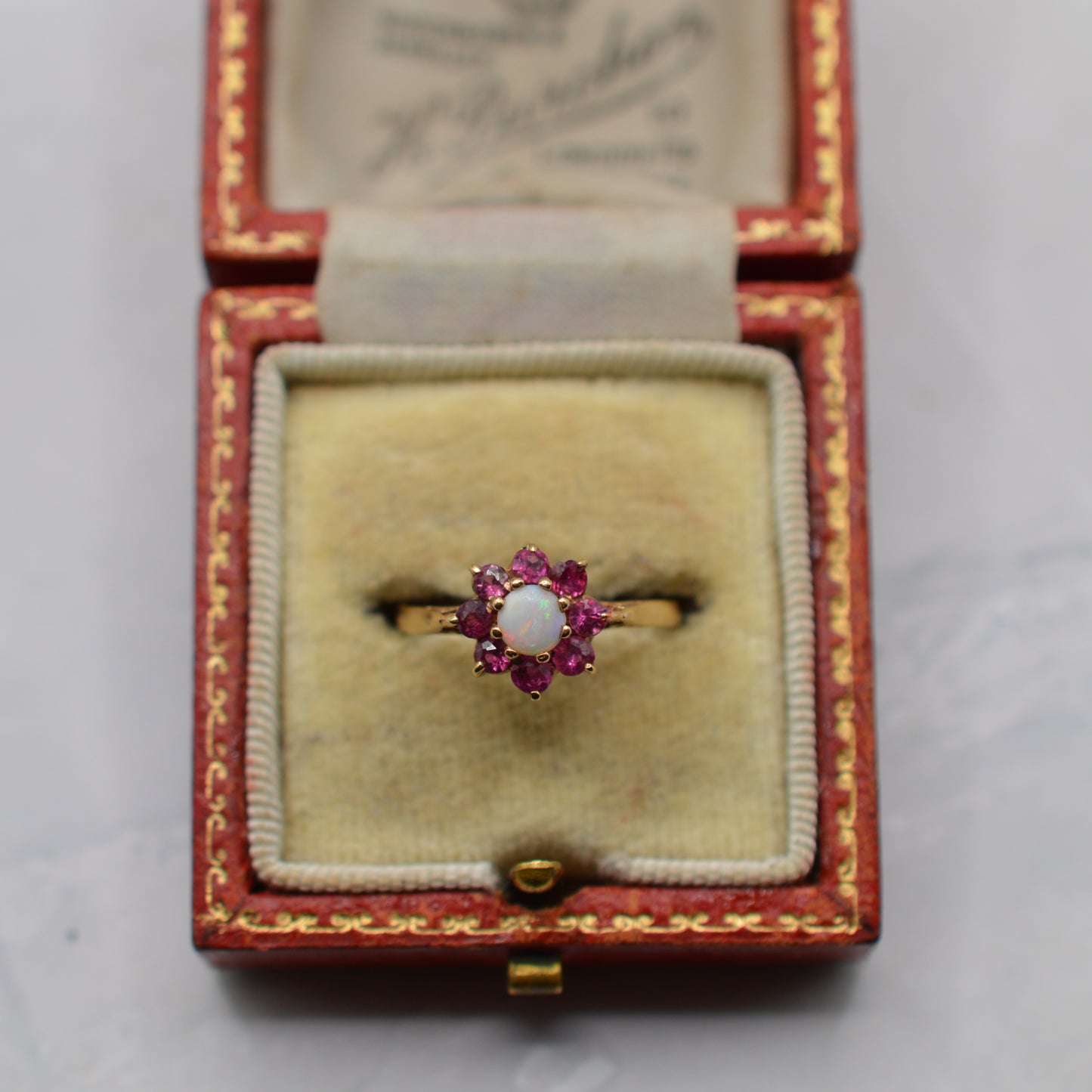 1970s Vintage 9ct Gold Opal & Ruby Floral Cluster Ring