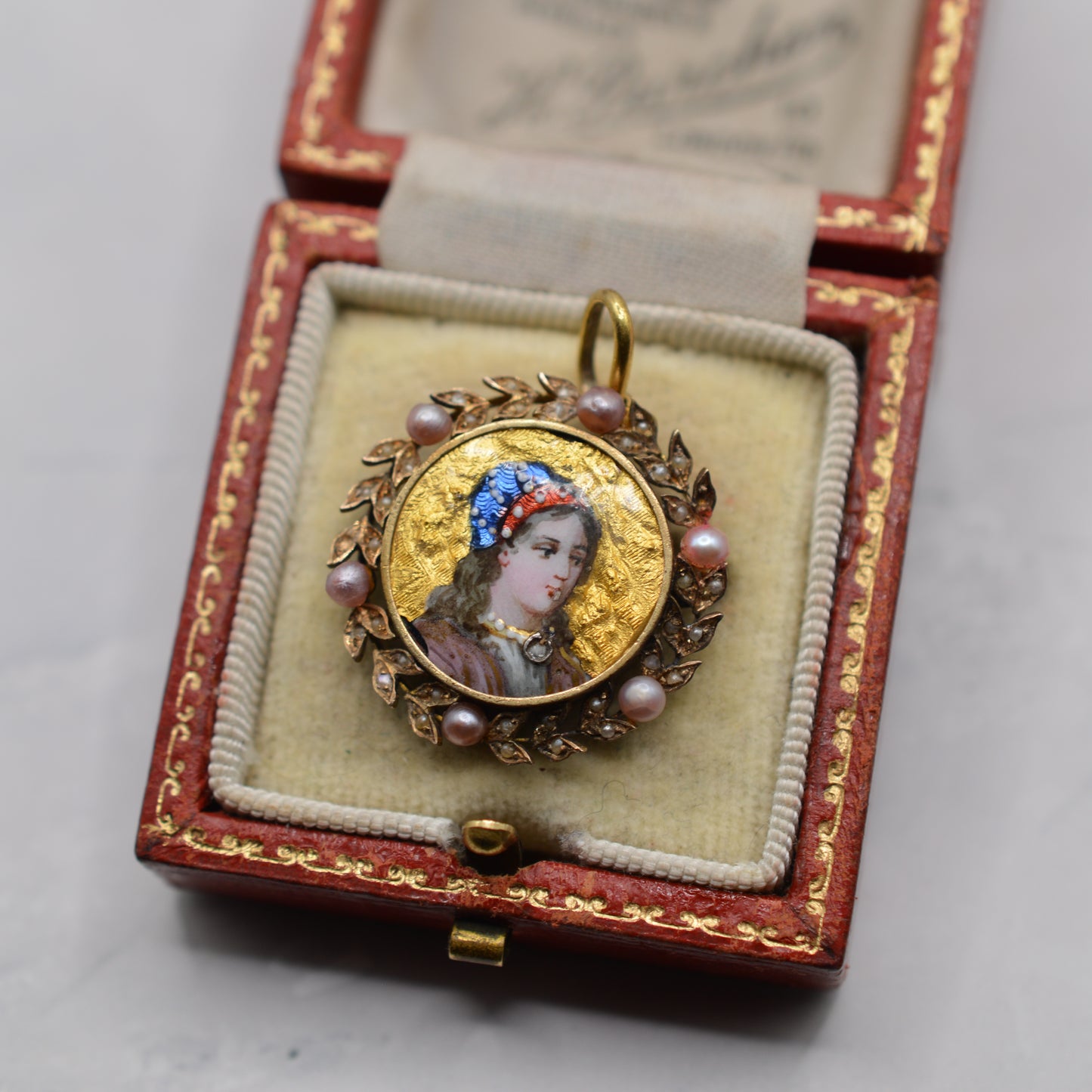 Antique 19th Century Enamel Portait & Pearl Pendant