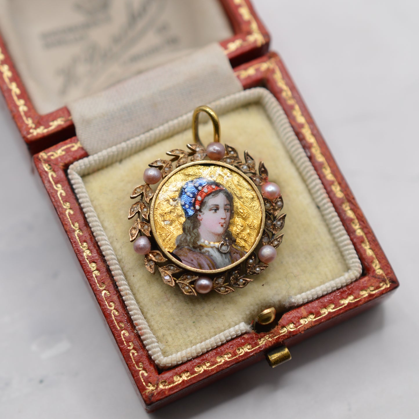 Antique 19th Century Enamel Portait & Pearl Pendant