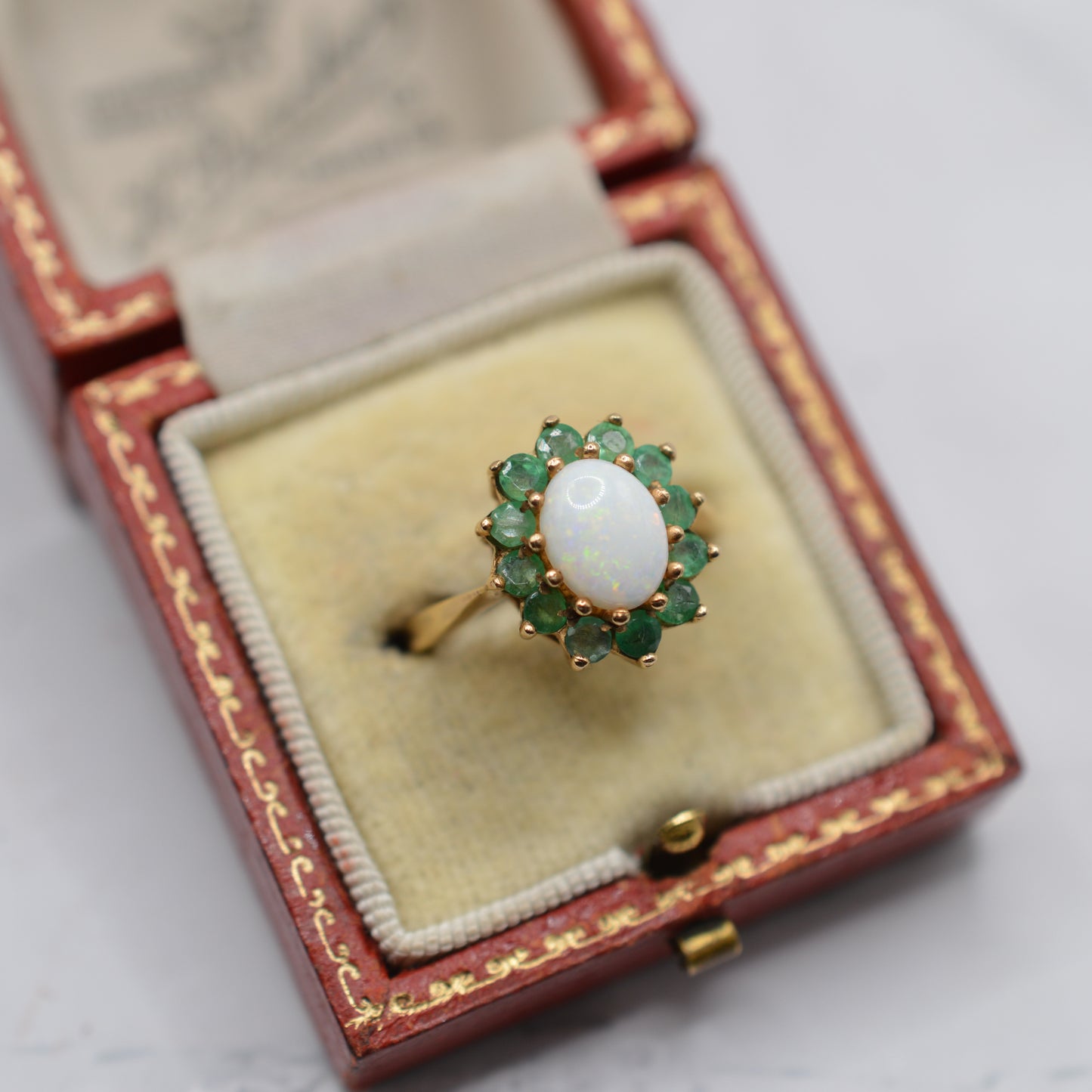 Chunky 1970s Vintage 9ct Gold Opal & Emerald Cluster Ring