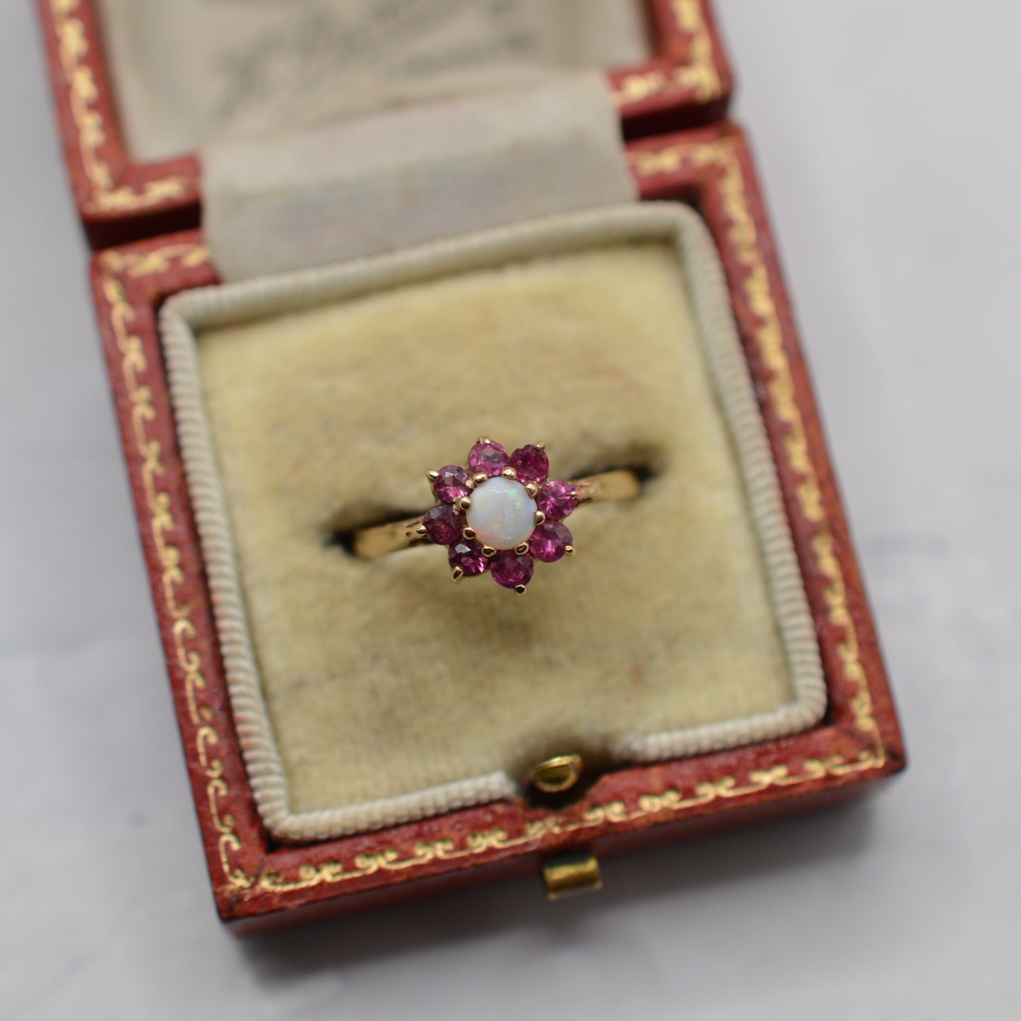 1970s Vintage 9ct Gold Opal & Ruby Floral Cluster Ring