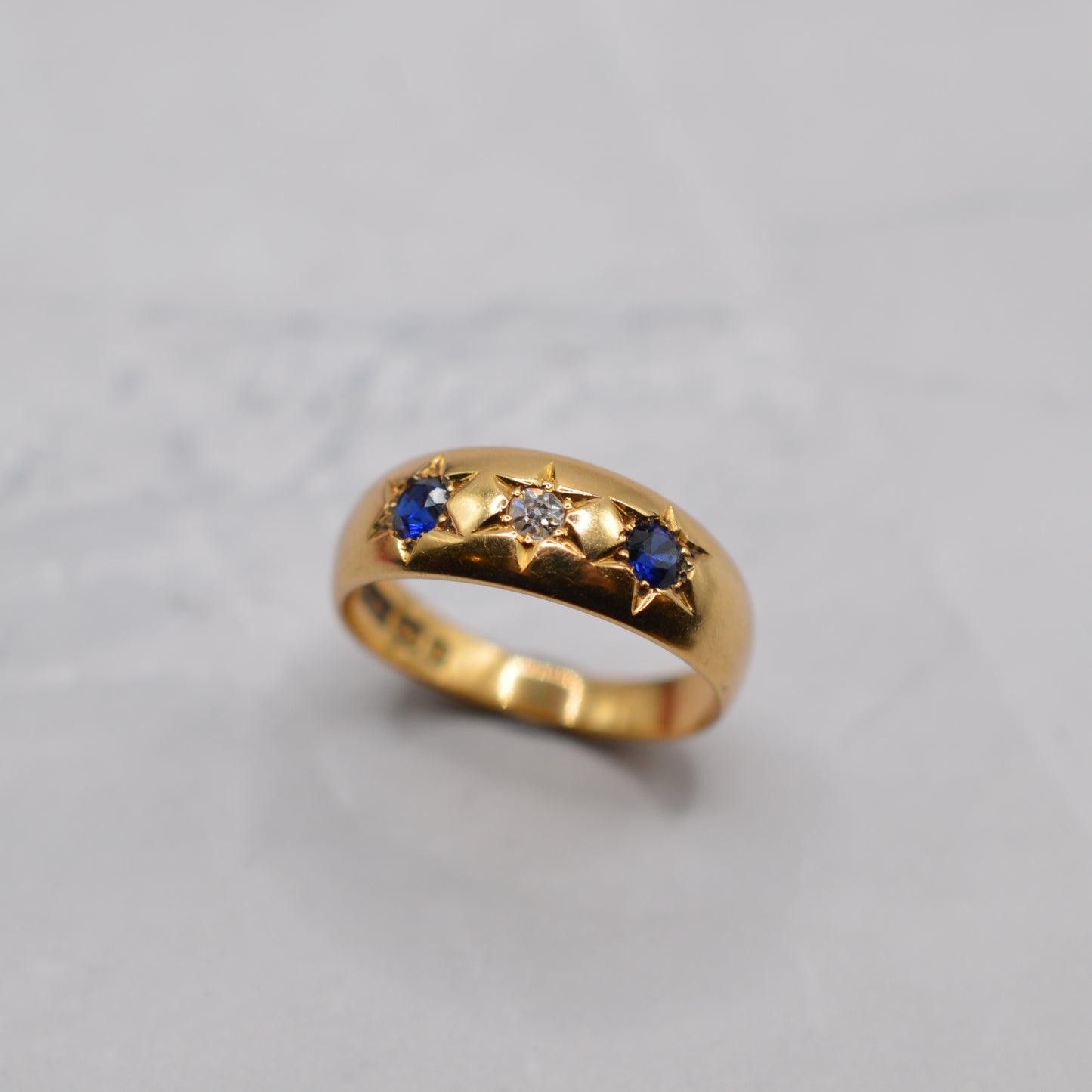 1898 Victorian 18ct Gold Sapphire & Diamond Gypsy Trilogy Ring