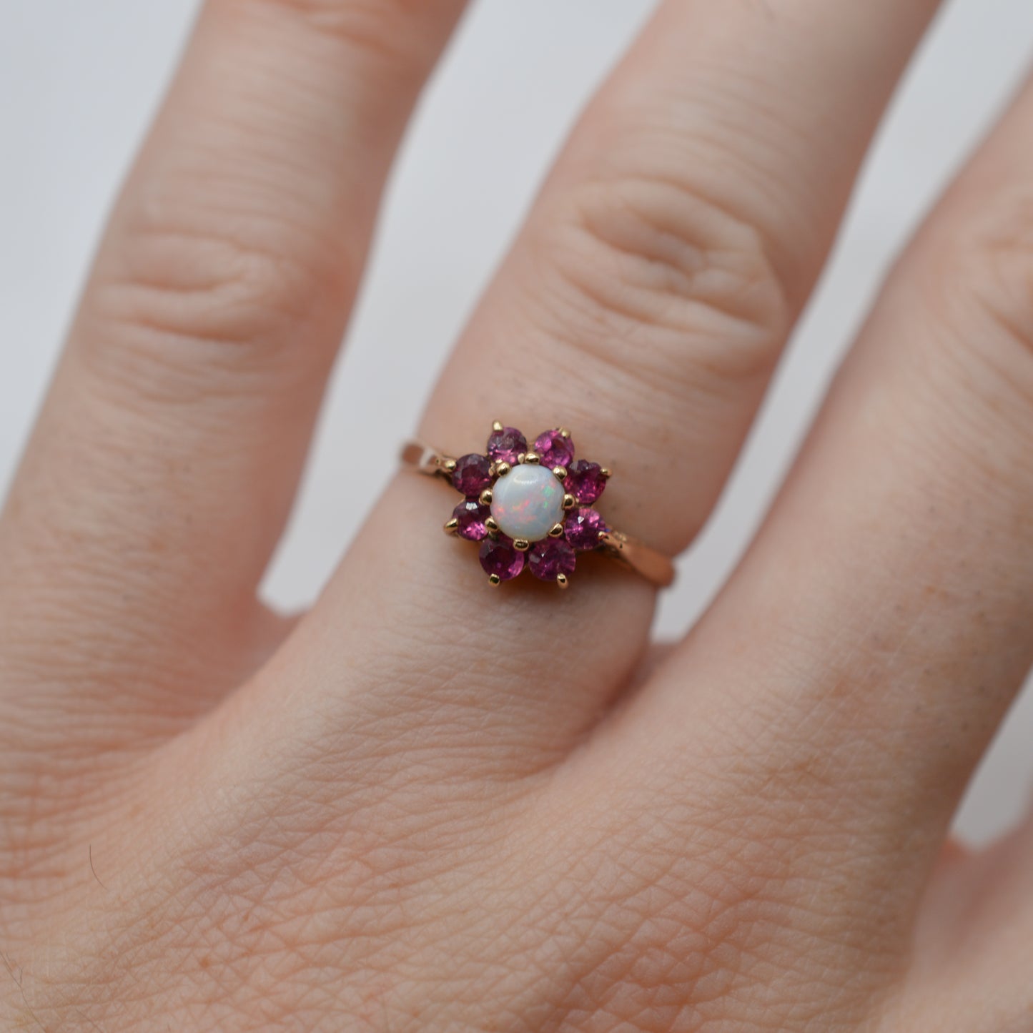 1970s Vintage 9ct Gold Opal & Ruby Floral Cluster Ring