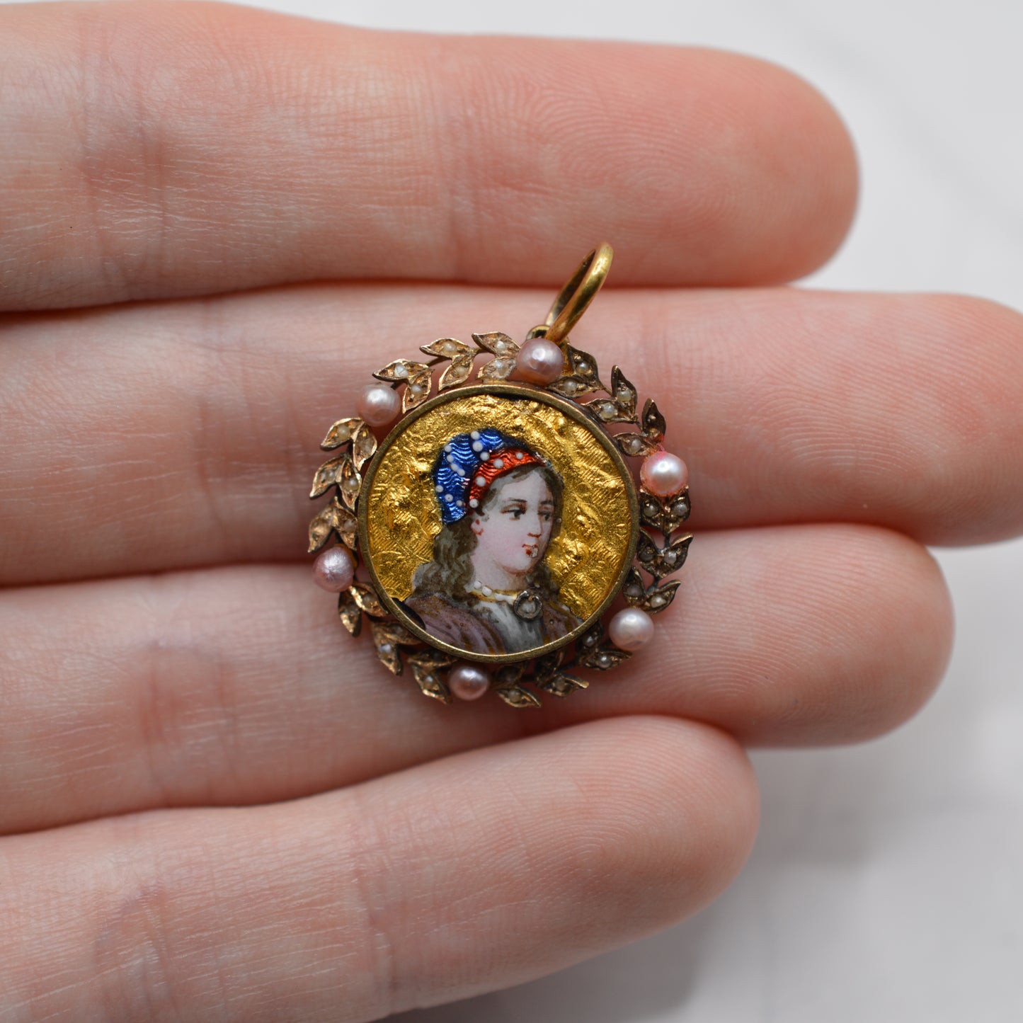 Antique 19th Century Enamel Portait & Pearl Pendant