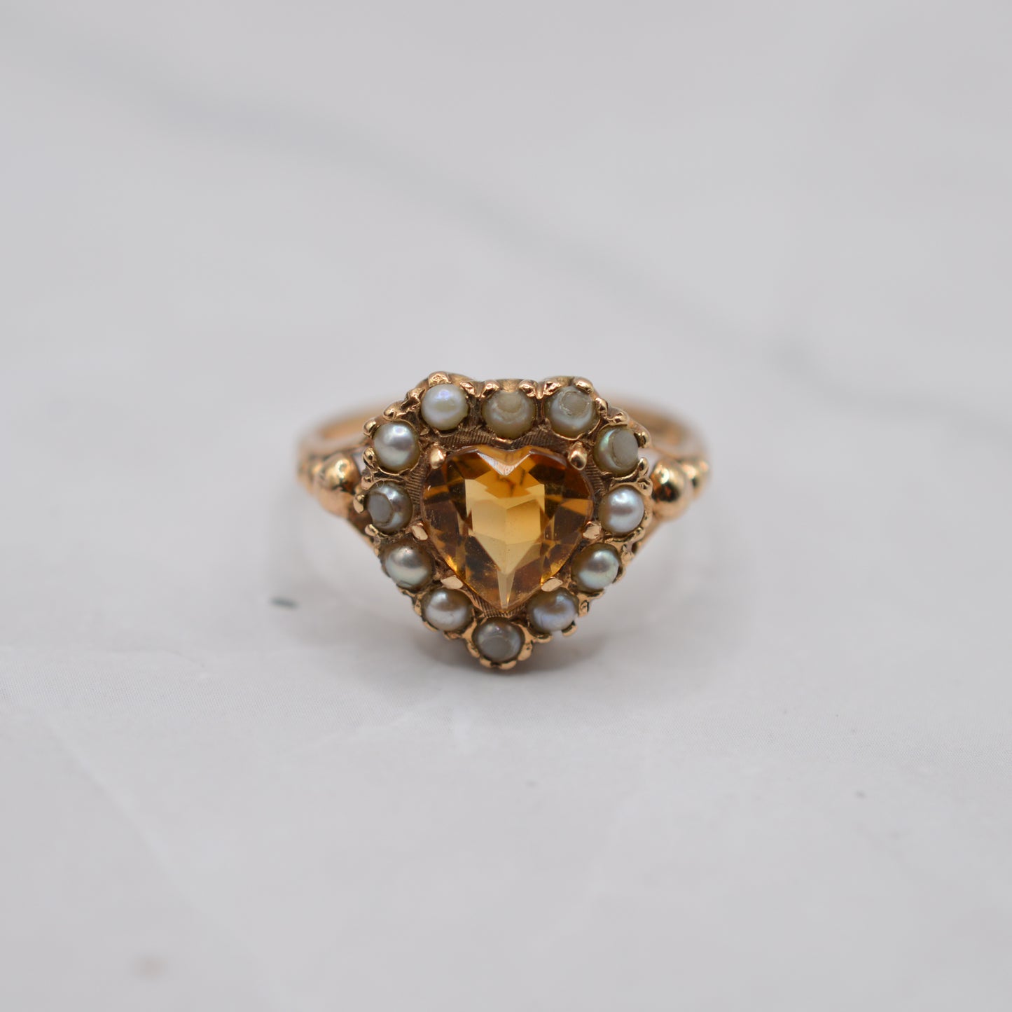 Chunky 1961 Vintage 9ct Gold Citrine & Pearl Heart Cluster Ring