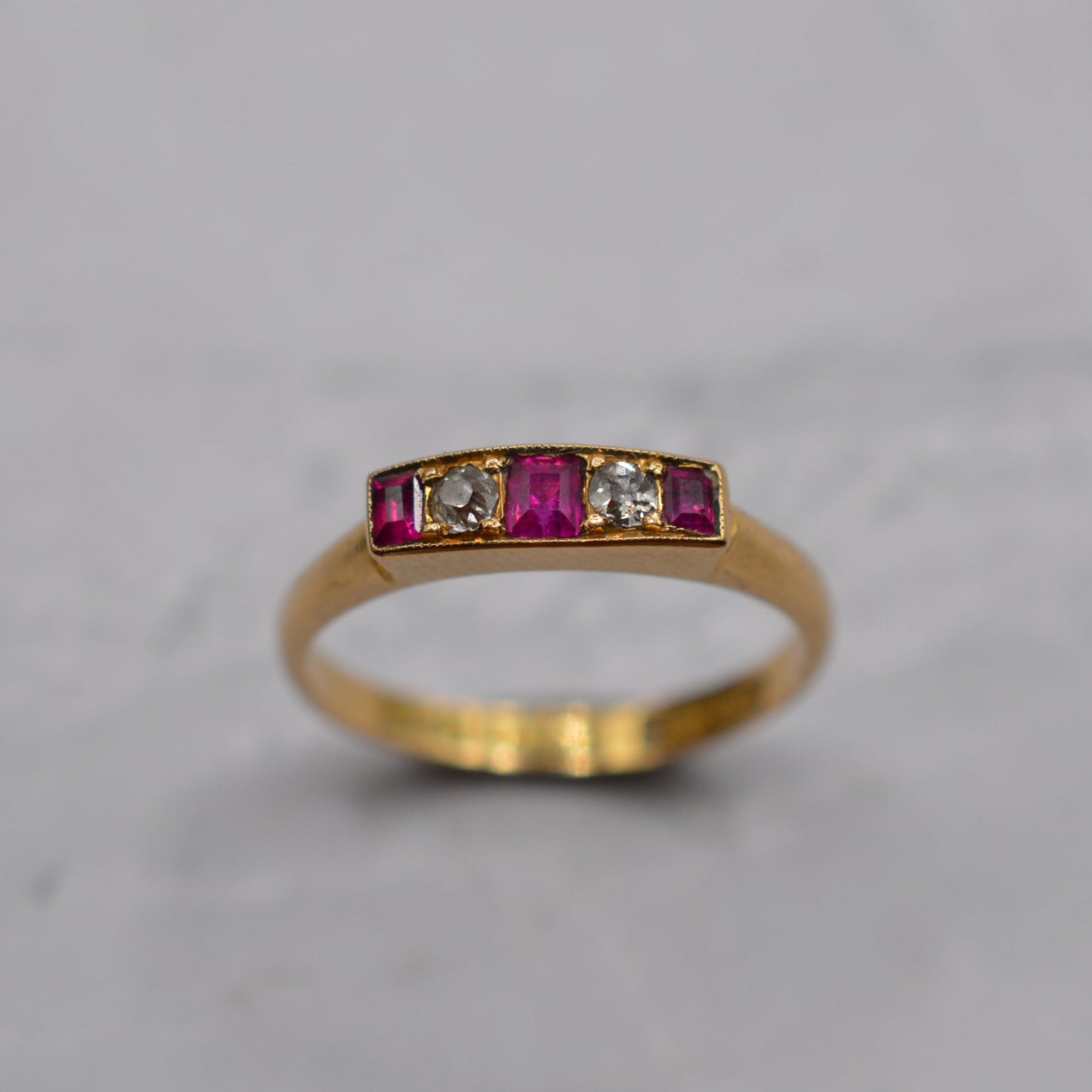 Antique Edwardian 1906 18ct Gold Ruby & Diamond Five-Stone Ring