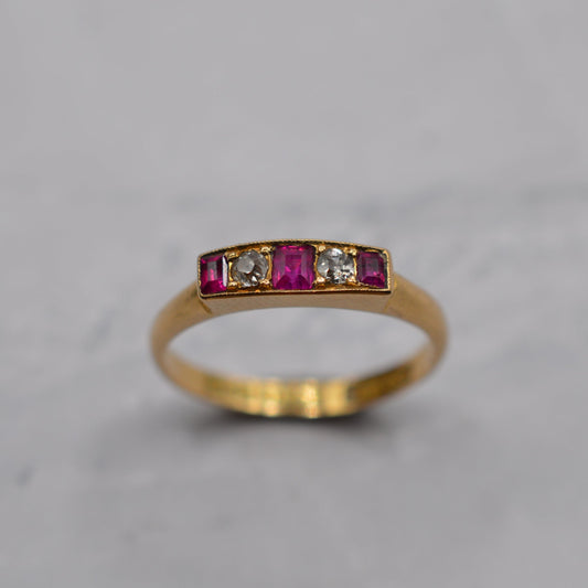 Antique Edwardian 1906 18ct Gold Ruby & Diamond Five-Stone Ring