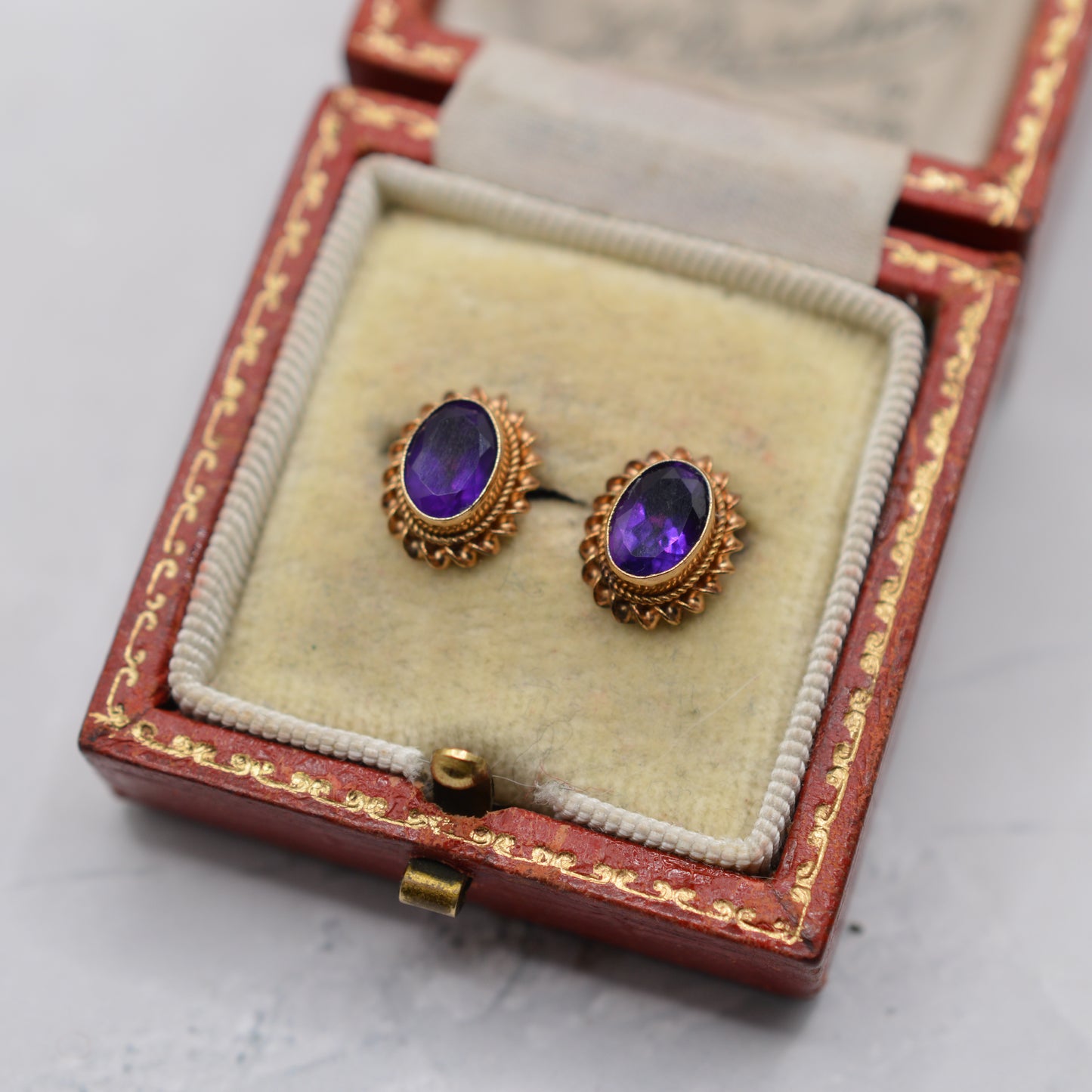 9ct Gold Amethyst Stud Earrings with Rope-Twist Border