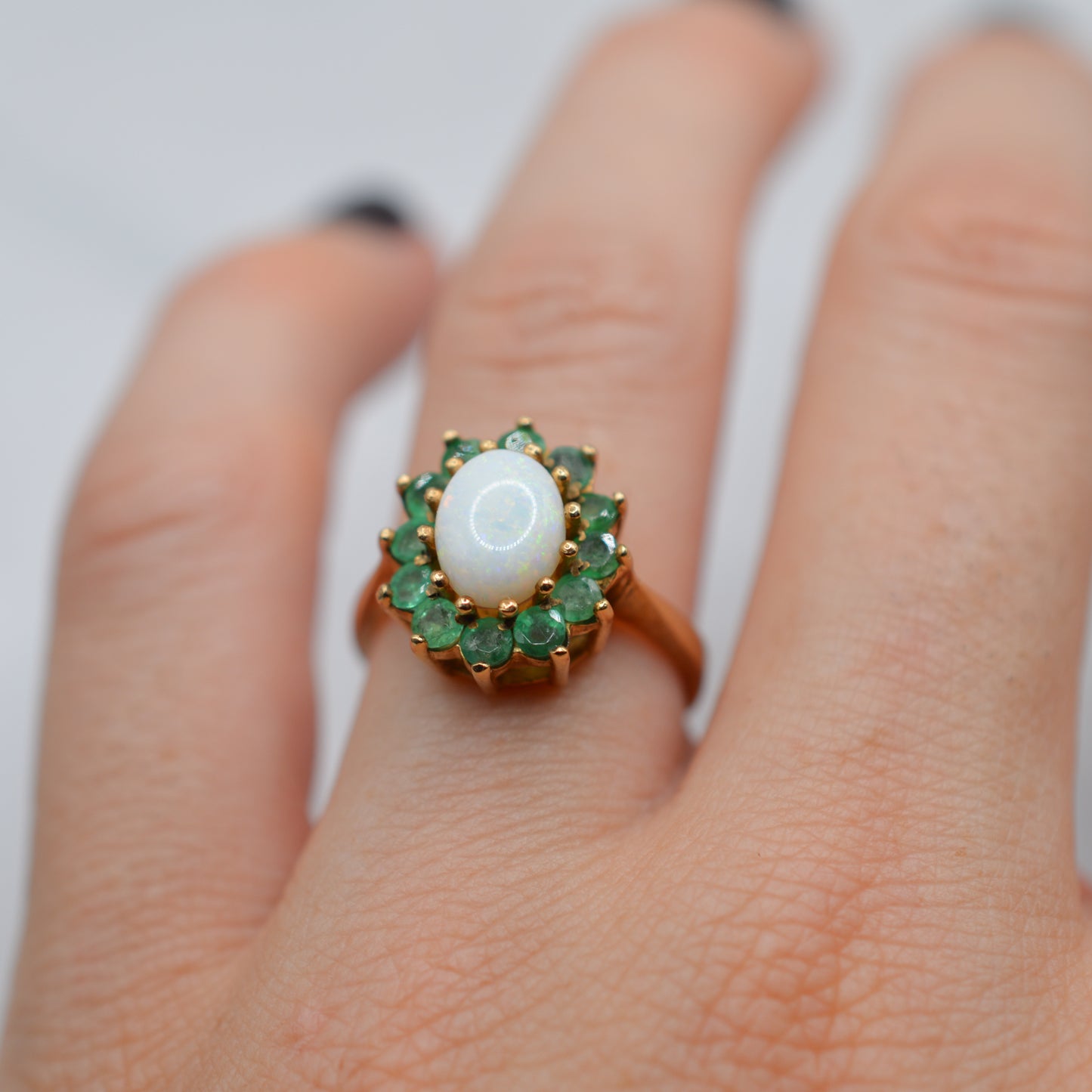 Chunky 1970s Vintage 9ct Gold Opal & Emerald Cluster Ring