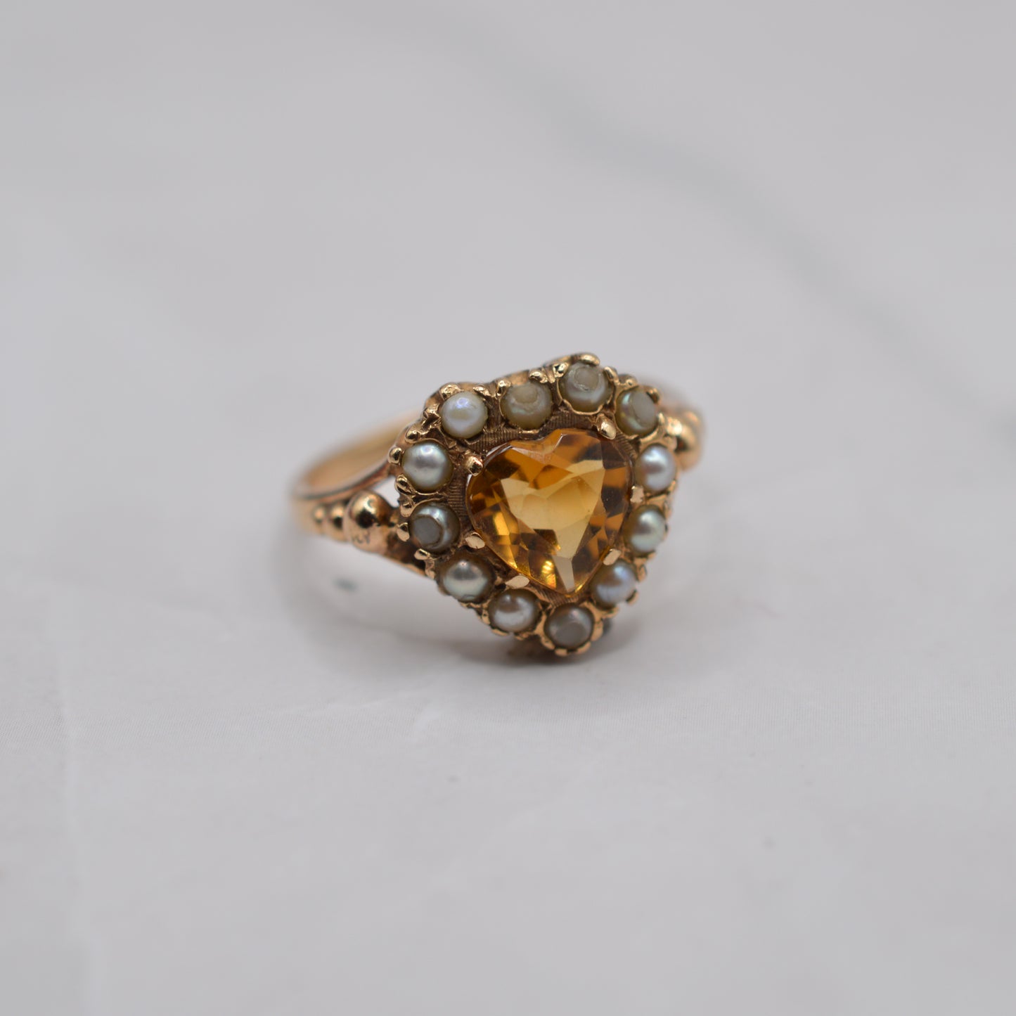 Chunky 1961 Vintage 9ct Gold Citrine & Pearl Heart Cluster Ring