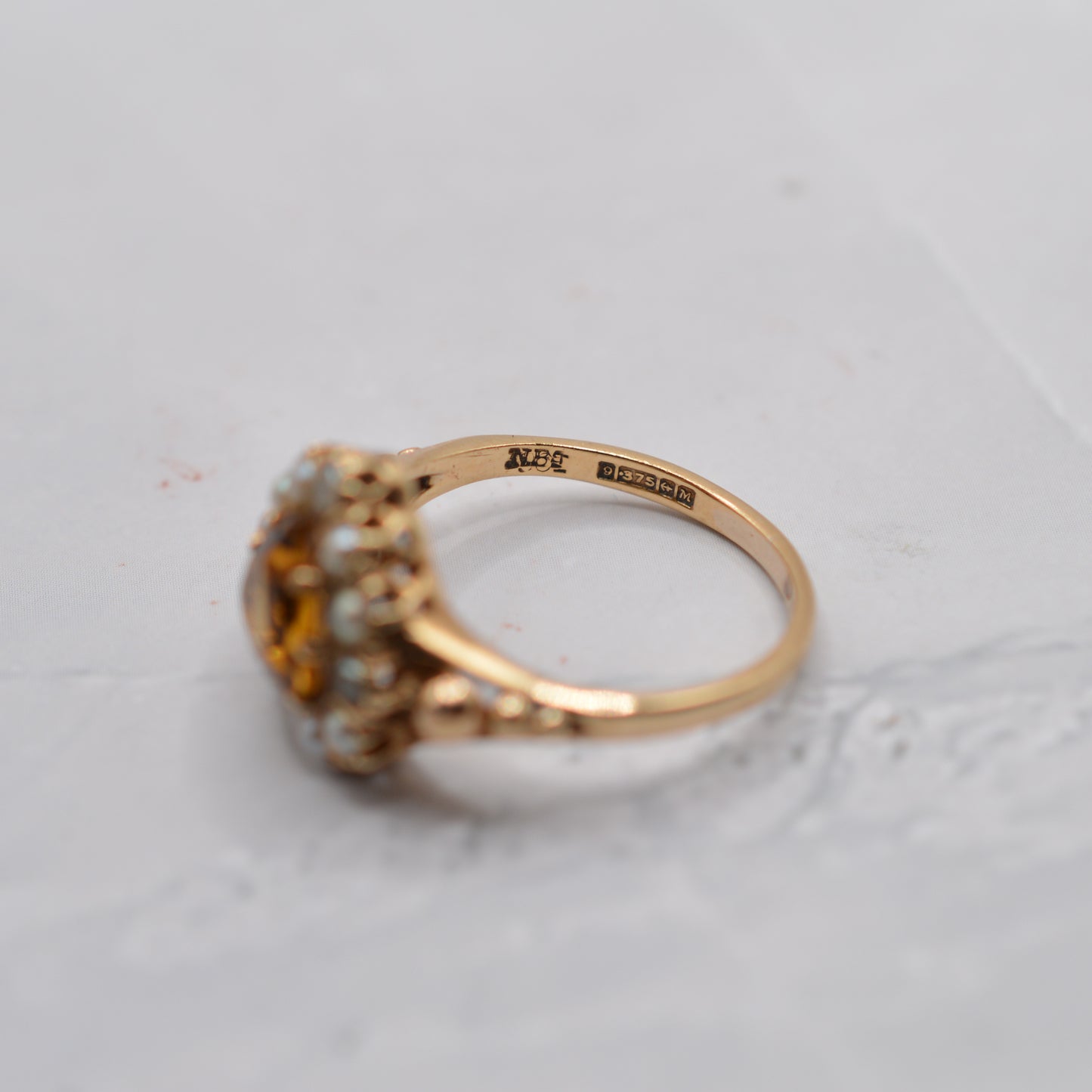 Chunky 1961 Vintage 9ct Gold Citrine & Pearl Heart Cluster Ring