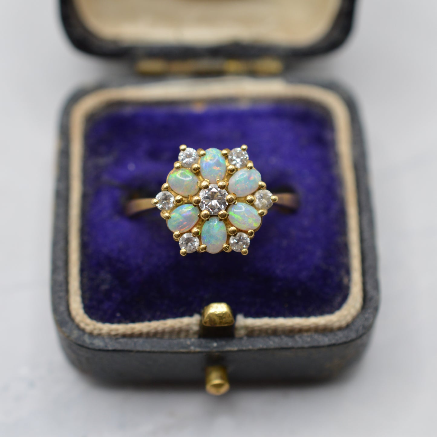 1970s Vintage 18ct Gold Opal & Diamond  Cluster Ring