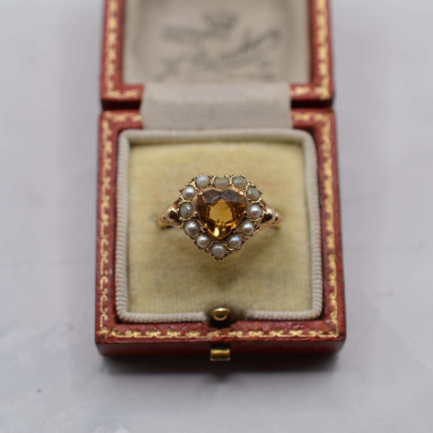 Chunky 1961 Vintage 9ct Gold Citrine & Pearl Heart Cluster Ring