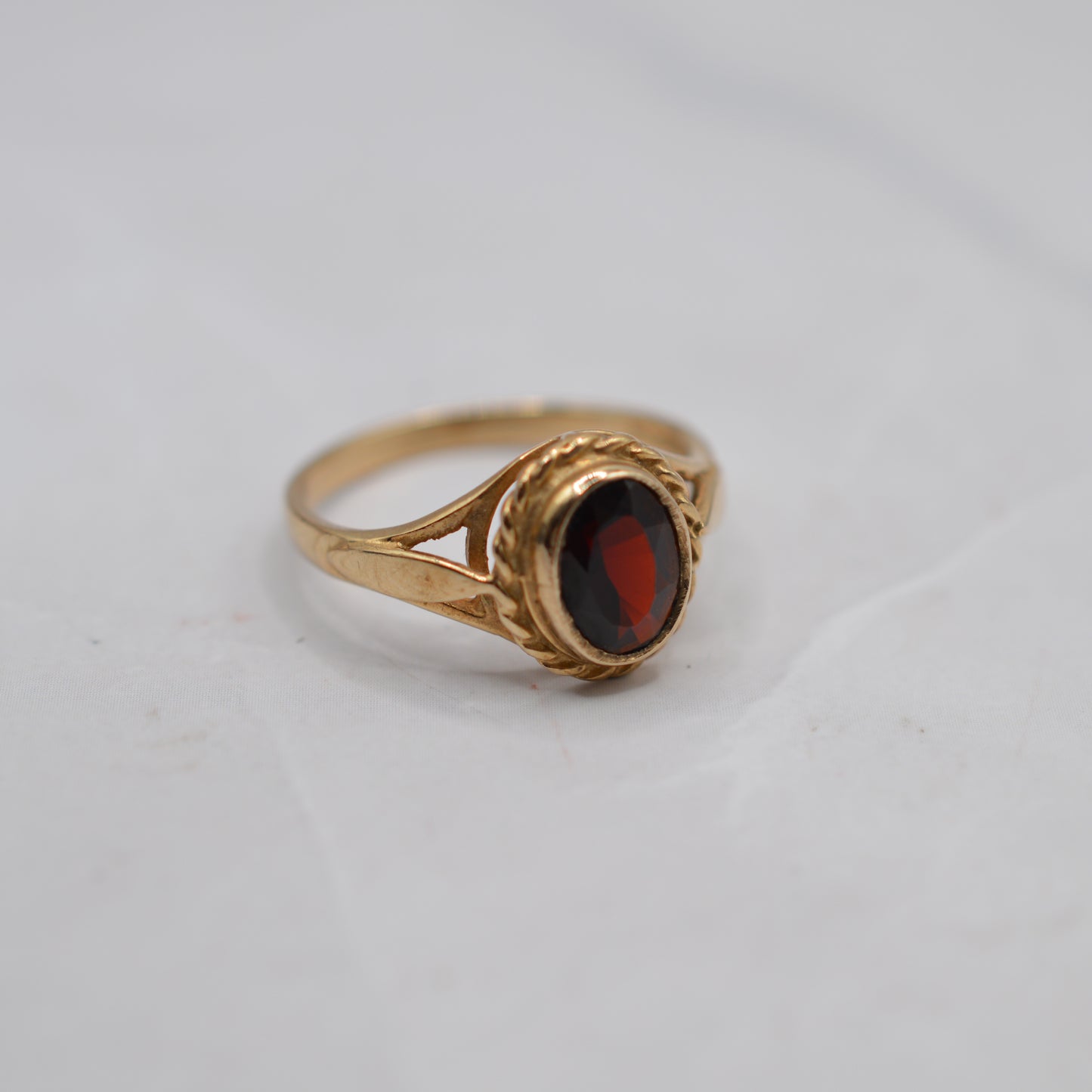 9ct Gold Garnet Ring with Rope-Twist Border