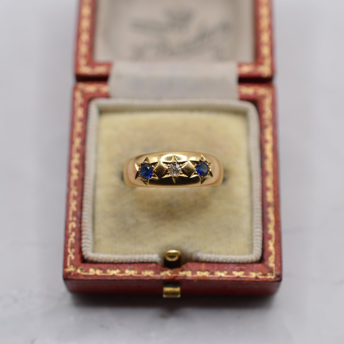 1898 Victorian 18ct Gold Sapphire & Diamond Gypsy Trilogy Ring