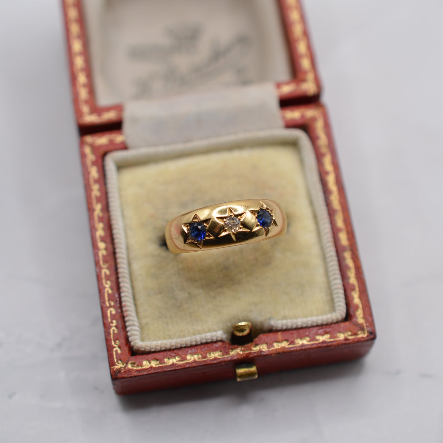 1898 Victorian 18ct Gold Sapphire & Diamond Gypsy Trilogy Ring