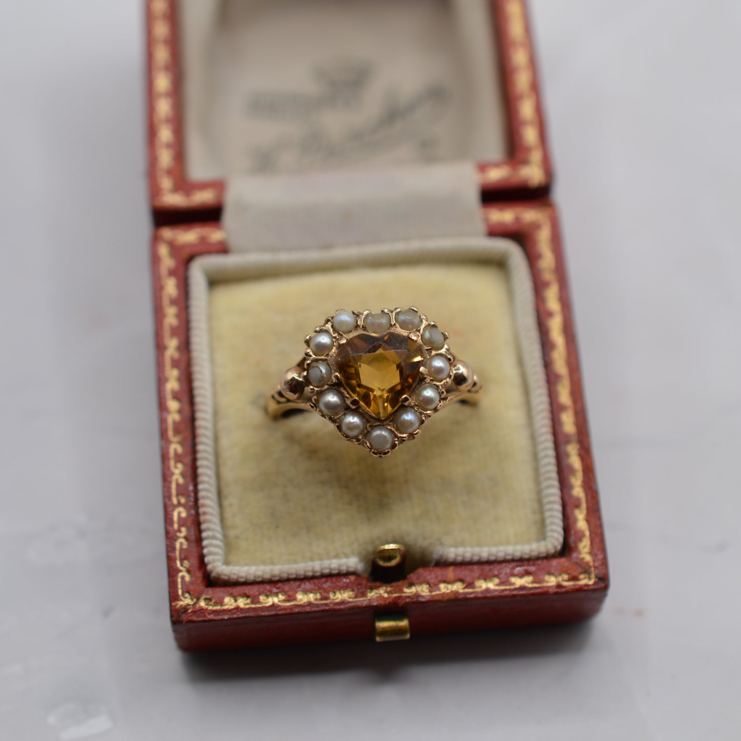 Chunky 1961 Vintage 9ct Gold Citrine & Pearl Heart Cluster Ring