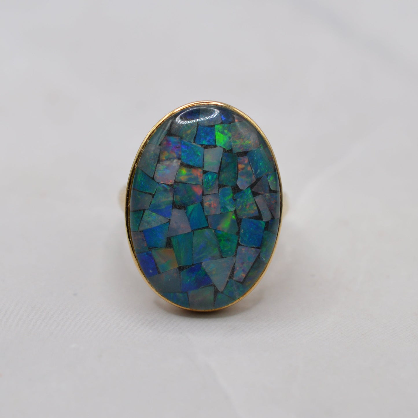 Chunky Y2K 9ct Gold Mosaic Opal Triplet Ring