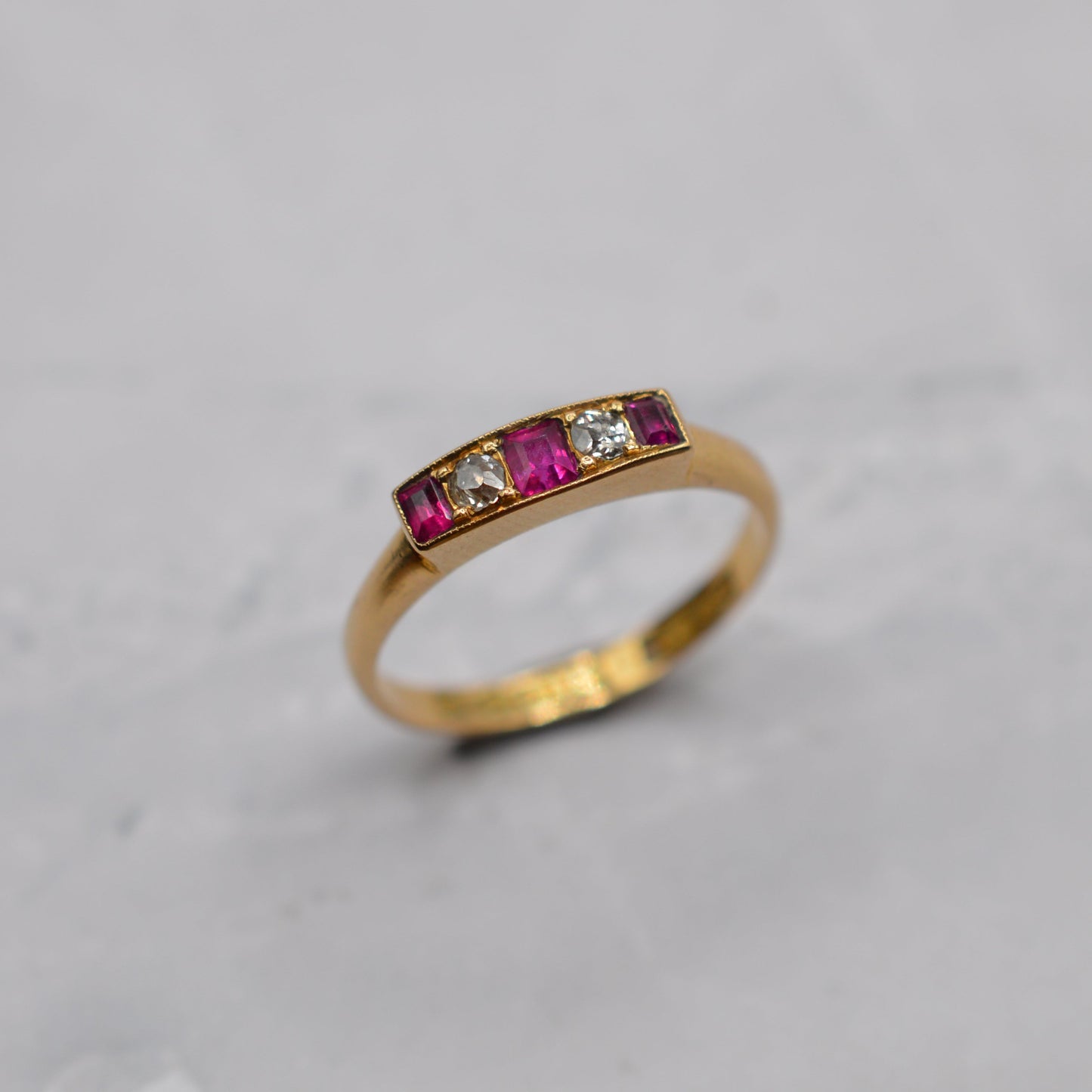 Antique Edwardian 1906 18ct Gold Ruby & Diamond Five-Stone Ring
