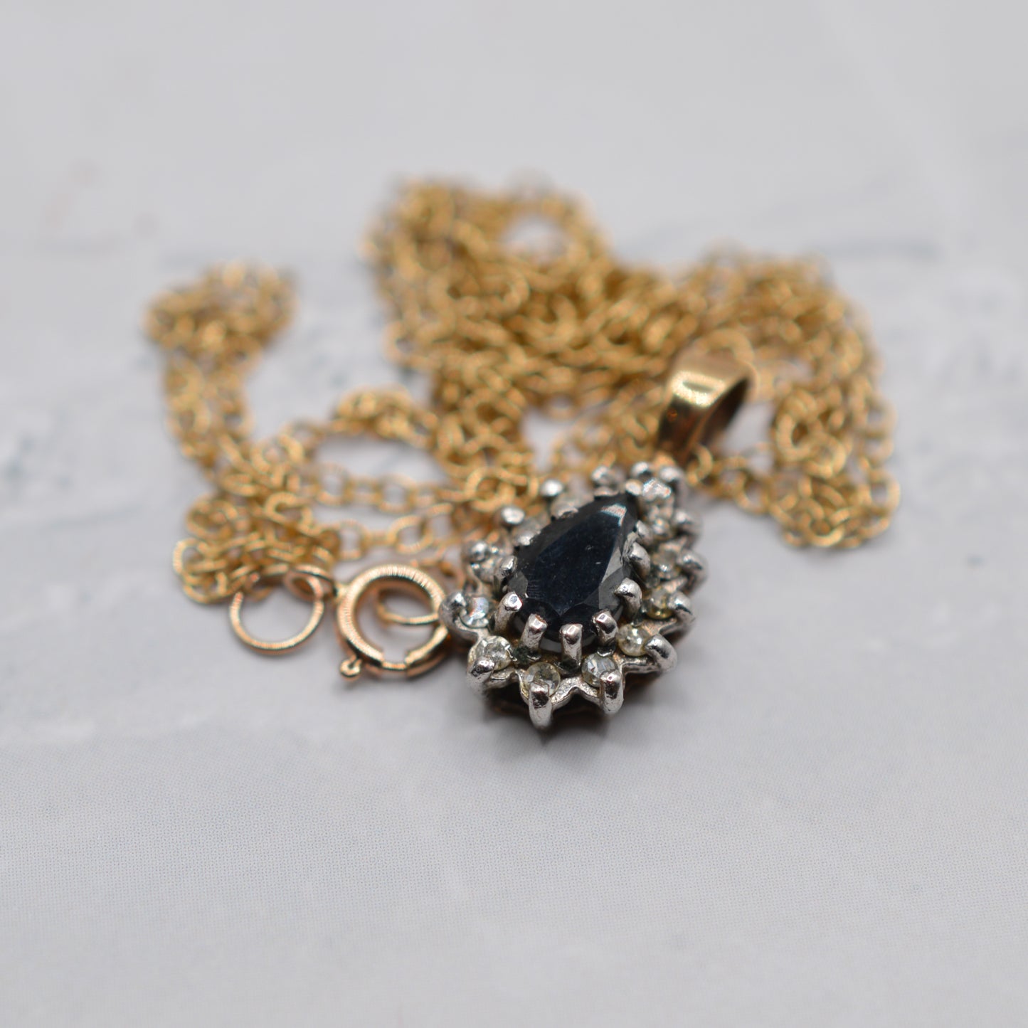 1980s Vintage 9ct Gold Sapphire & Diamond Cluster Pendant Necklace