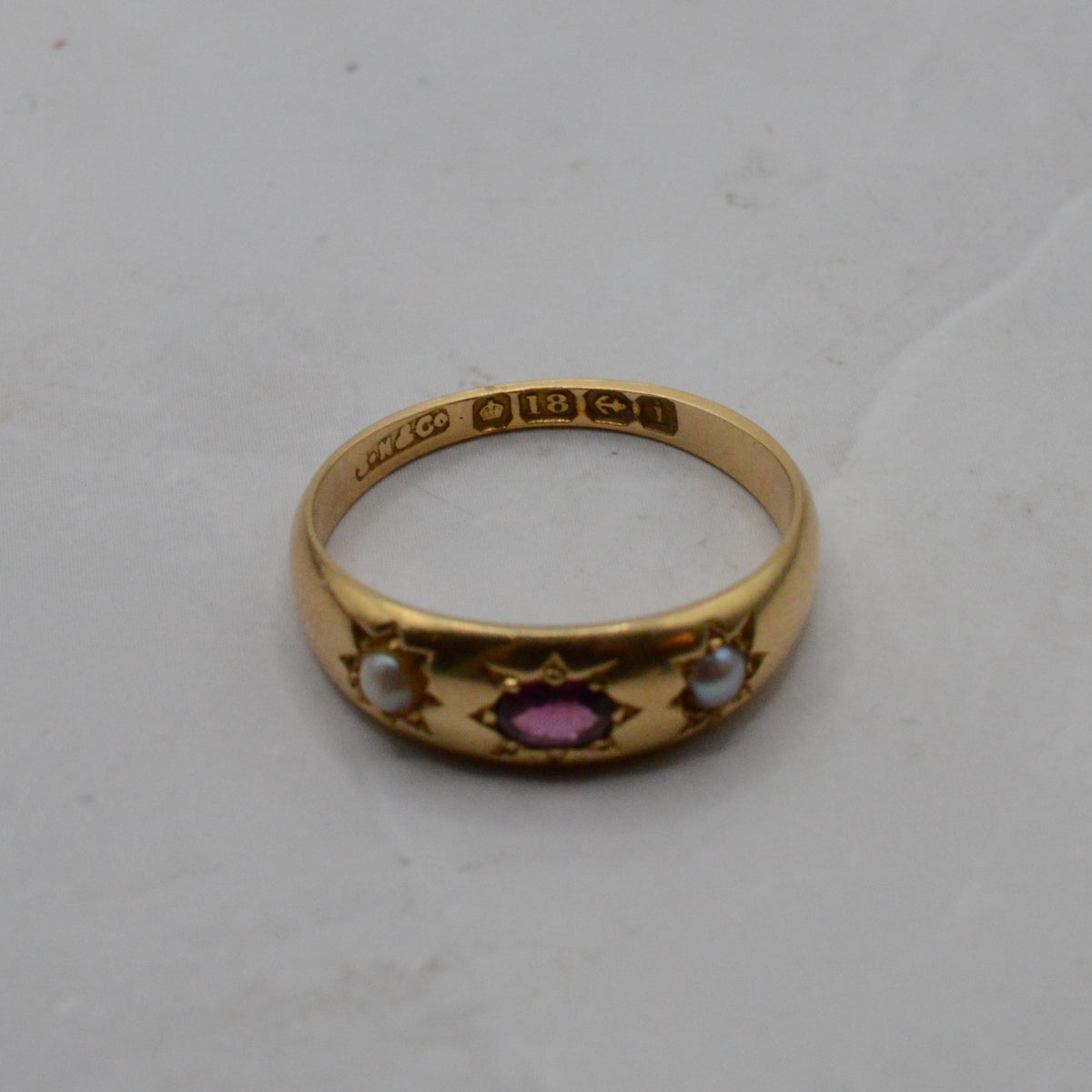 Edwardian Antique 18ct Gold Garnet & Pearl Starburst Gypsy Ring
