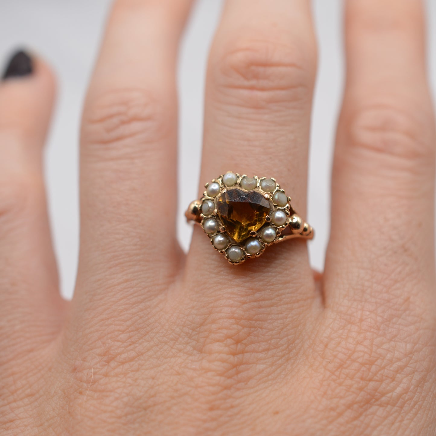 Chunky 1961 Vintage 9ct Gold Citrine & Pearl Heart Cluster Ring
