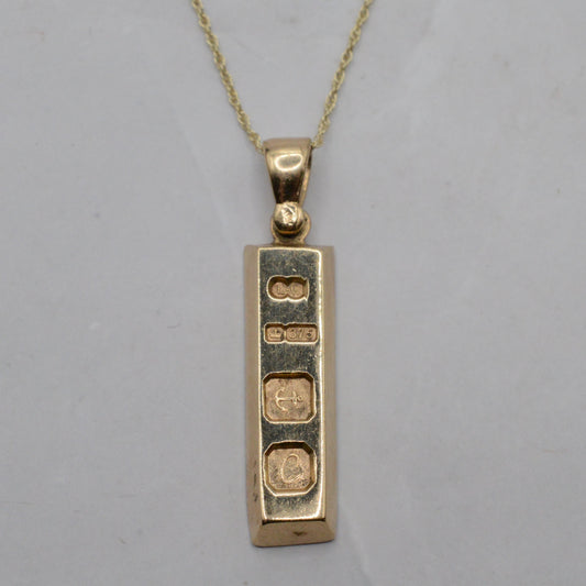 1970s Vintage 9ct Gold Ingot Pendant Necklace (16")