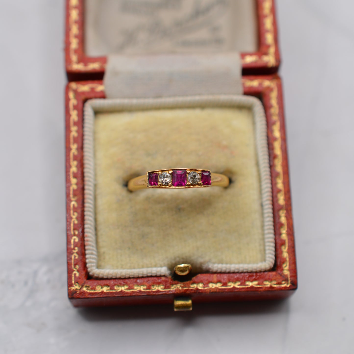 Antique Edwardian 1906 18ct Gold Ruby & Diamond Five-Stone Ring