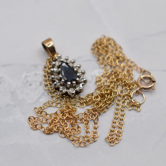 1980s Vintage 9ct Gold Sapphire & Diamond Cluster Pendant Necklace
