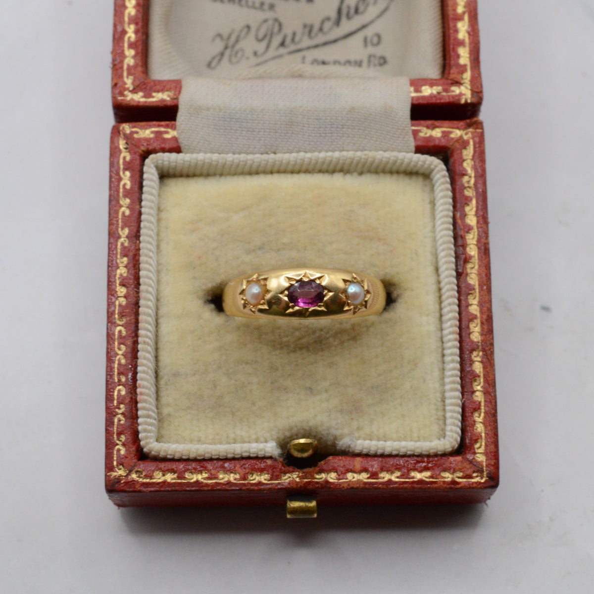 Edwardian Antique 18ct Gold Garnet & Pearl Starburst Gypsy Ring