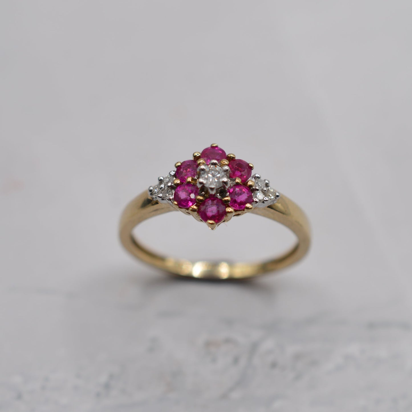 Y2K-era 9ct Gold Ruby & Diamond Floral Cluster Ring