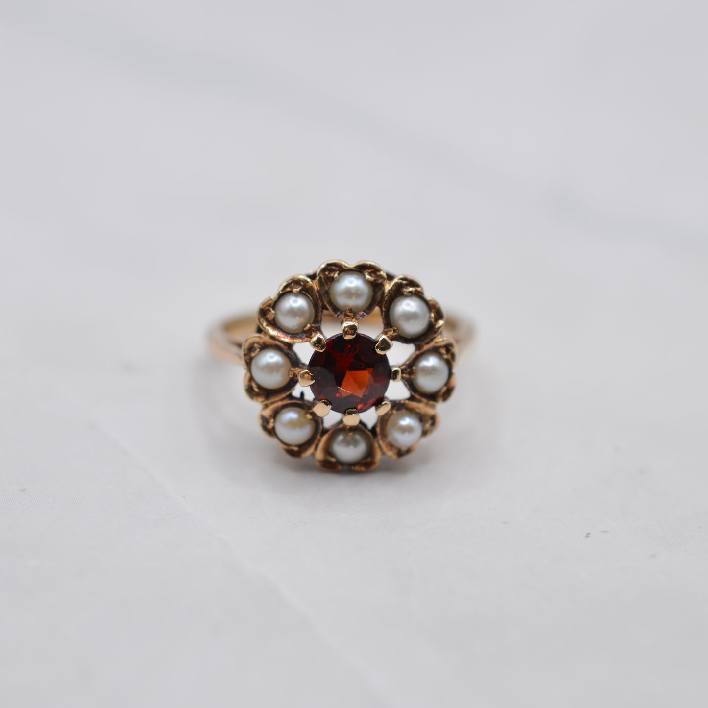 1960s Vintage 9ct Gold Garnet & Pearl Cluster Ring