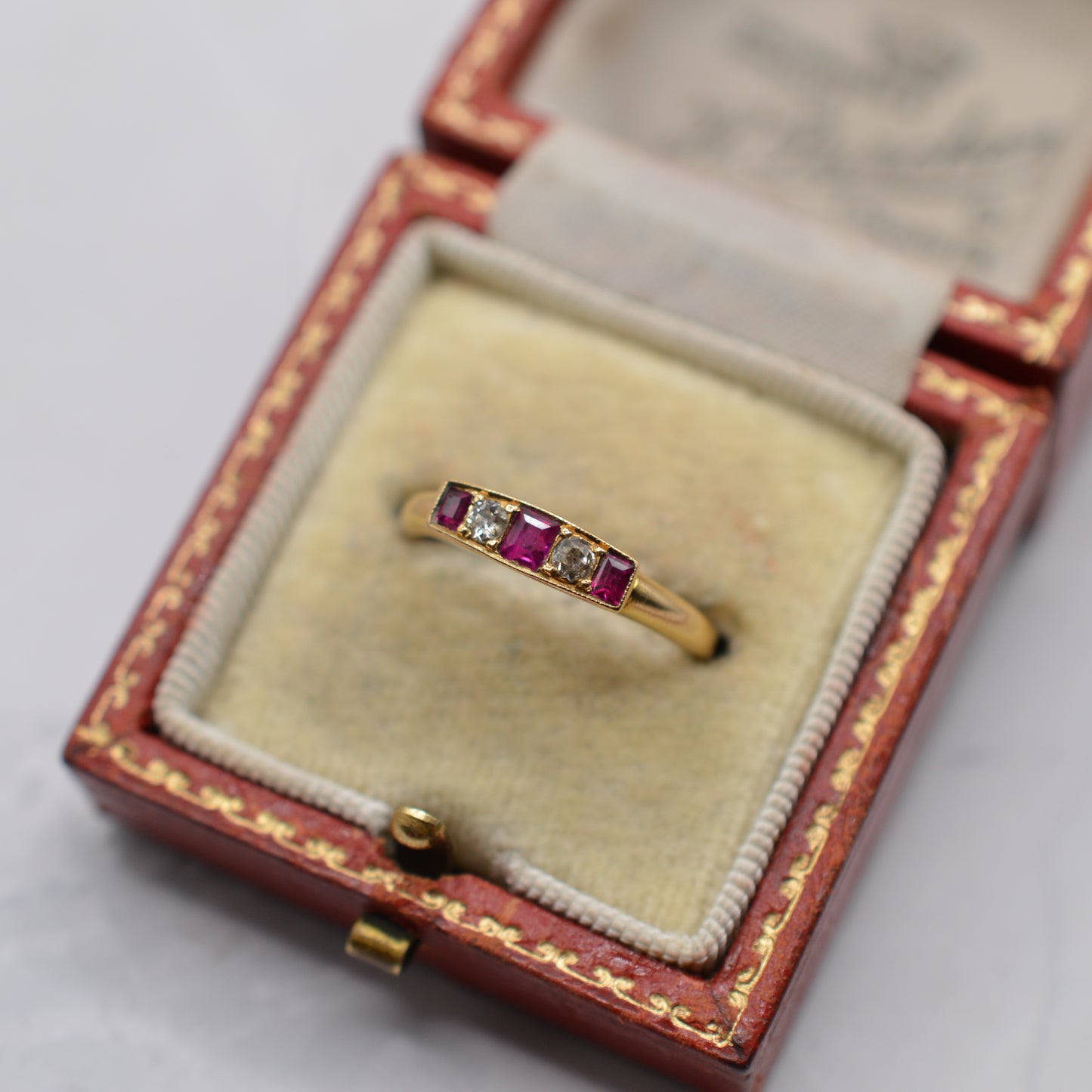 Antique Edwardian 1906 18ct Gold Ruby & Diamond Five-Stone Ring