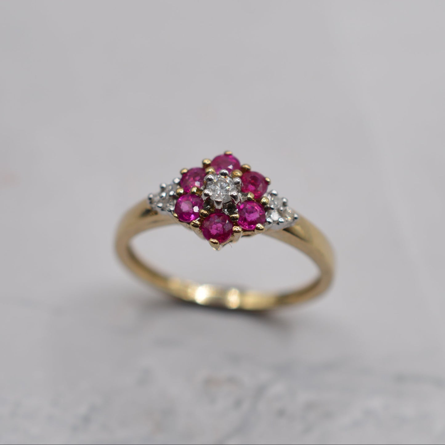 Y2K-era 9ct Gold Ruby & Diamond Floral Cluster Ring
